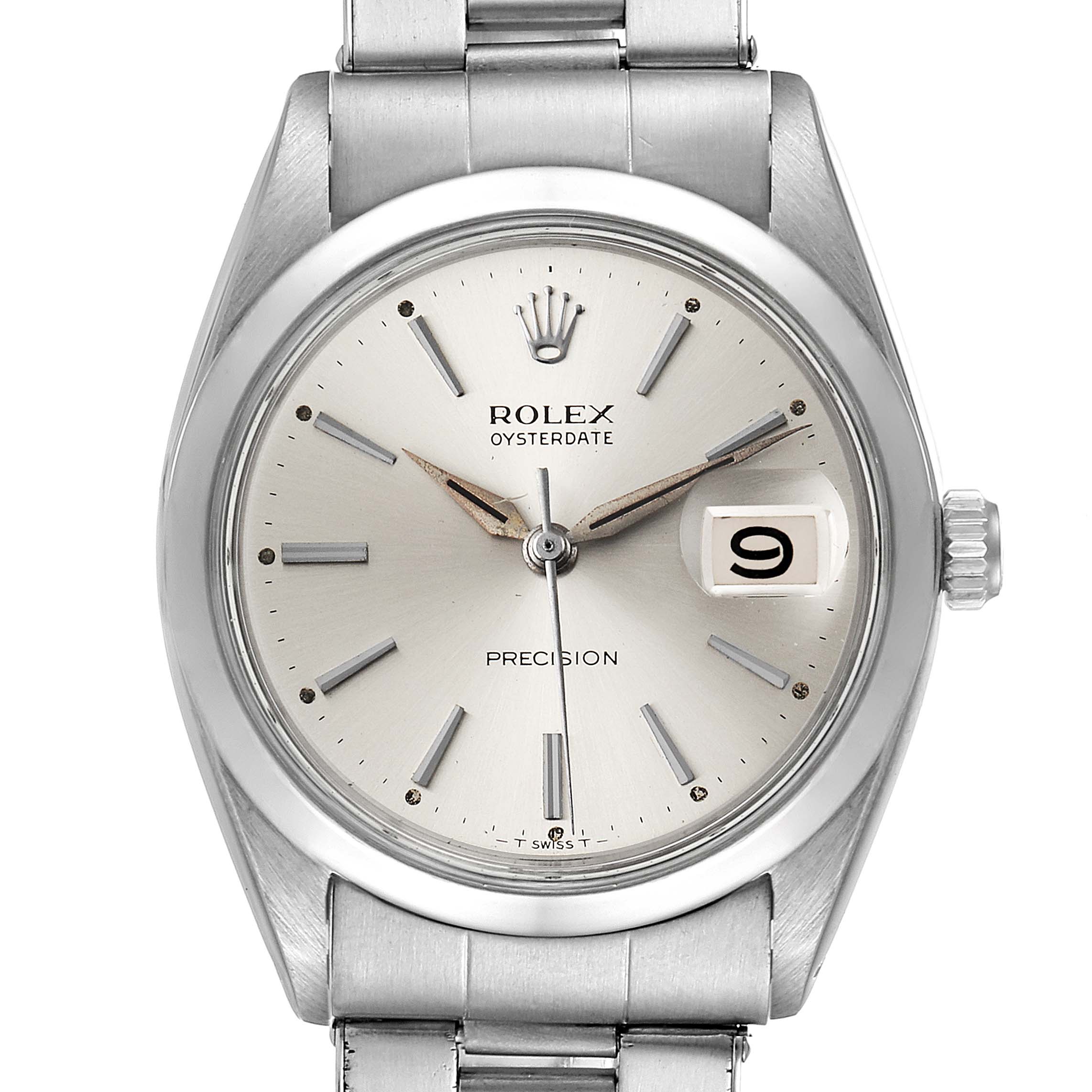 This image shows a frontal view of the Rolex Vintage Collection 6694 Men
s Stainless Steel Silver Dial 6694 Men
s Stainless Steel Silver Dial watch, highlighting the dial, hands, date, and bracelet.