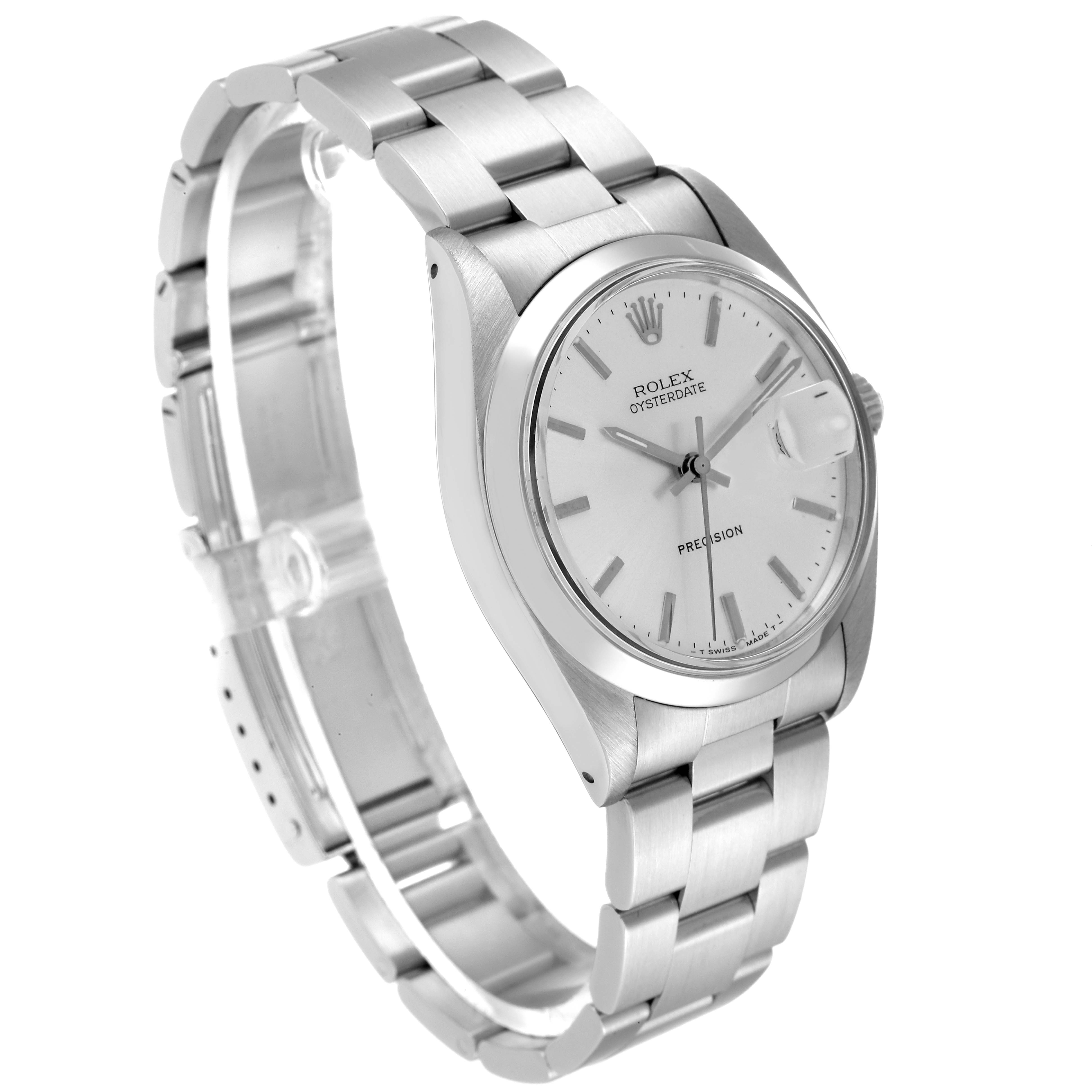 The image shows a side view of the Rolex Vintage Collection 6694 Men
s Stainless Steel Silver Dial 6694 Men
s Stainless Steel Silver Dial watch, highlighting its face, case, and bracelet.