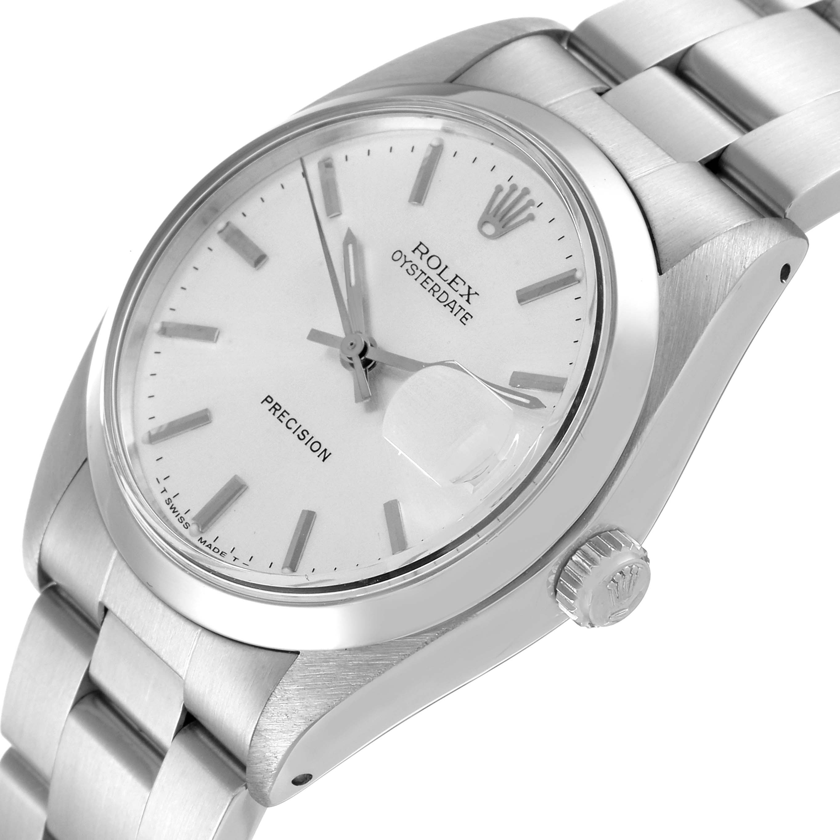 The image shows a Rolex Vintage Collection 6694 Men
s Stainless Steel Silver Dial 6694 Men
s Stainless Steel Silver Dial Oysterdate model watch from a slight side angle, highlighting the dial, case, and bracelet.