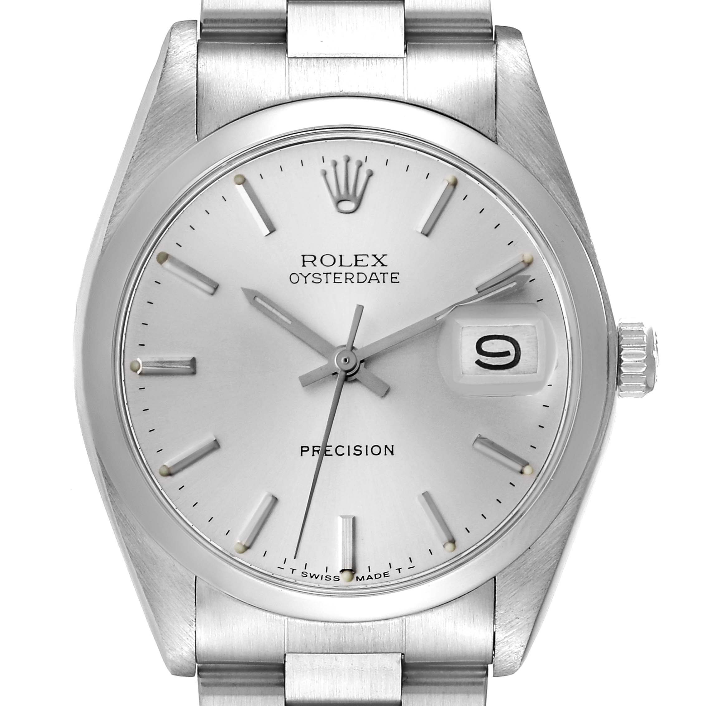 This is a close-up of the face of a Rolex Vintage Collection 6694 Men
s Stainless Steel Silver Dial 6694 Men
s Stainless Steel Silver Dial Oysterdate model, showing the dial, hands, crown, and part of the bracelet.