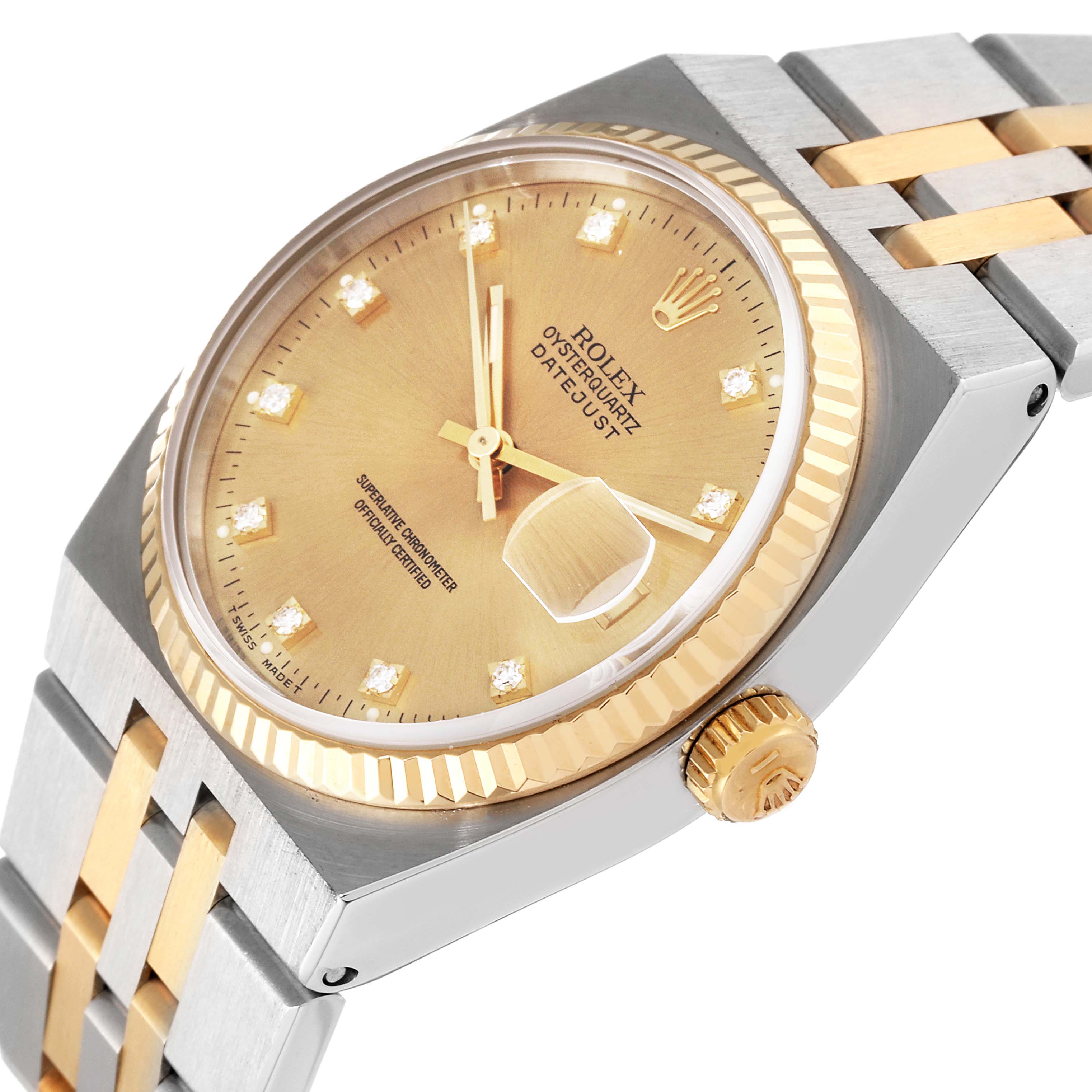 The image shows a close-up angle of a Rolex Oysterquartz 17013 Men's Steel and Gold (two tone) Champagne Dial 17013 Men's Steel and Gold (two tone) Champagne Dial watch, highlighting the gold and stainless steel dial, bezel, and partially the bracelet.