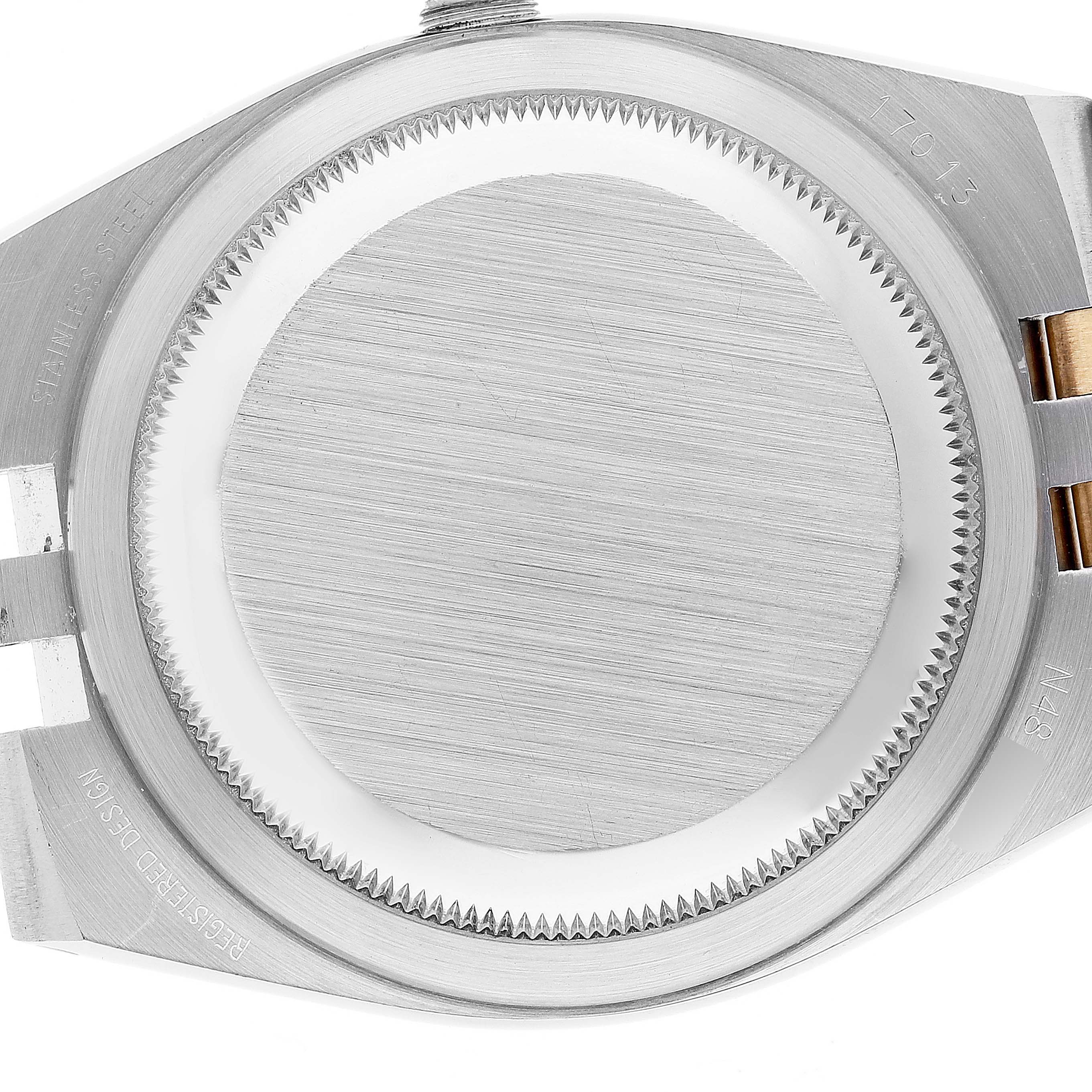 This image shows the back case of the Rolex Oysterquartz 17013 Men's Steel and Gold (two tone) Champagne Dial 17013 Men's Steel and Gold (two tone) Champagne Dial watch, viewed from the rear angle.