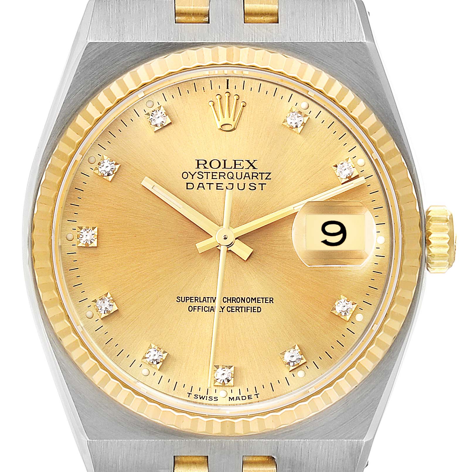 The image shows a frontal view of a Rolex Oysterquartz 17013 Men's Steel and Gold (two tone) Champagne Dial 17013 Men's Steel and Gold (two tone) Champagne Dial Datejust watch, highlighting its gold dial, date window, and diamond hour markers.