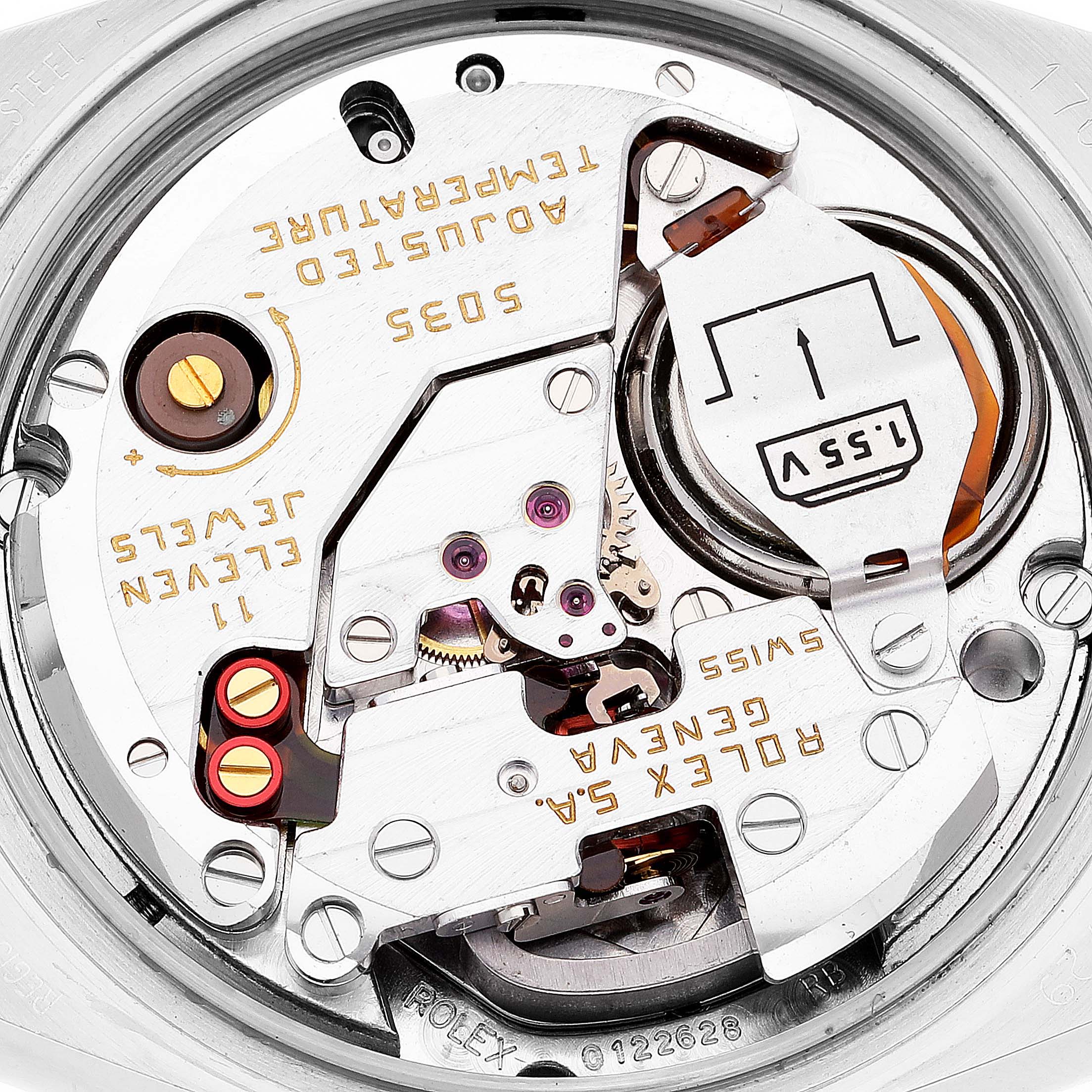 This image shows a close-up view of the internal movement components of a Rolex Oysterquartz 17013 Men's Steel and Gold (two tone) Champagne Dial 17013 Men's Steel and Gold (two tone) Champagne Dial watch model.