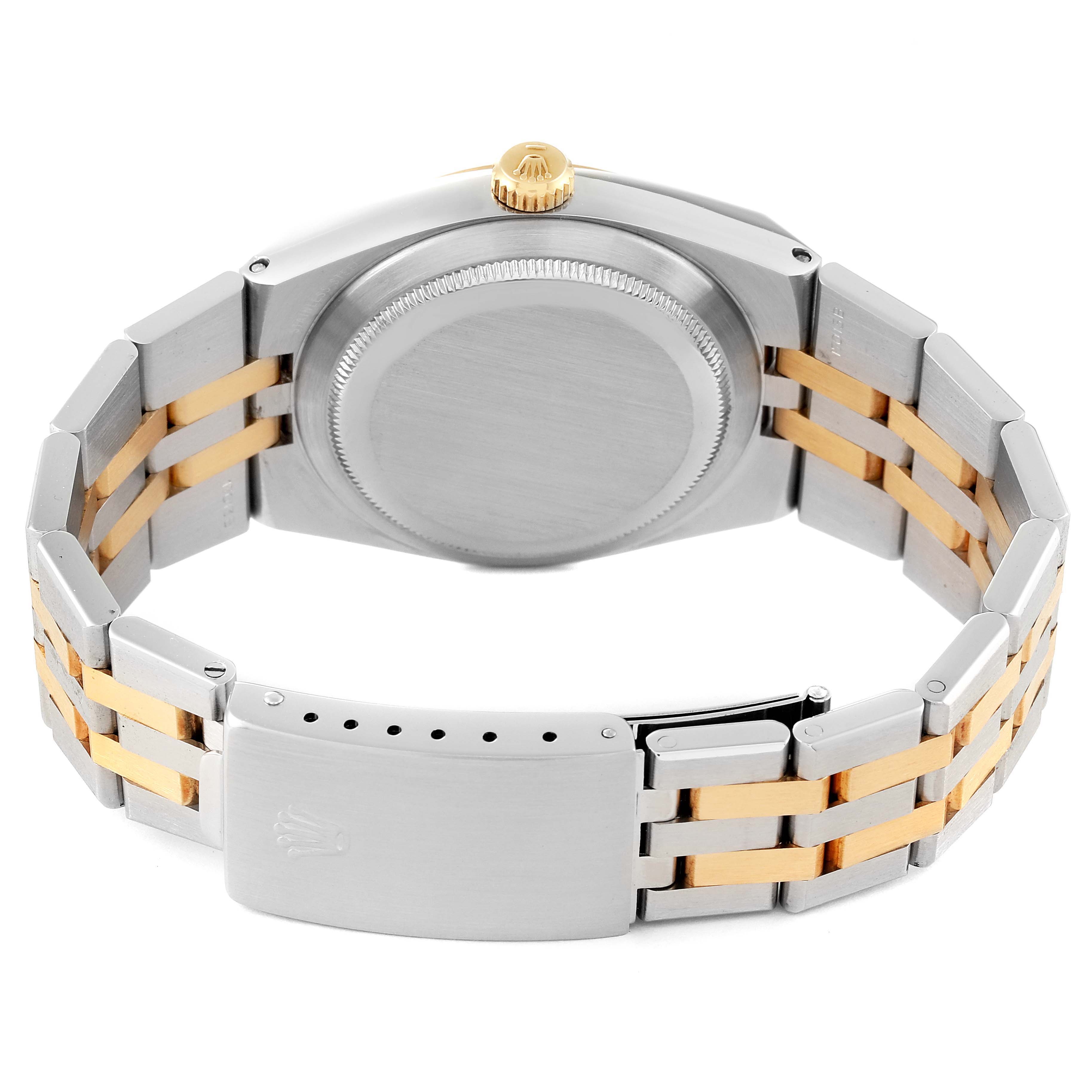 This image shows the back side of the Rolex Oysterquartz 17013 Men's Steel and Gold (two tone) Champagne Dial 17013 Men's Steel and Gold (two tone) Champagne Dial watch, focusing on the case back, bracelet, and clasp.