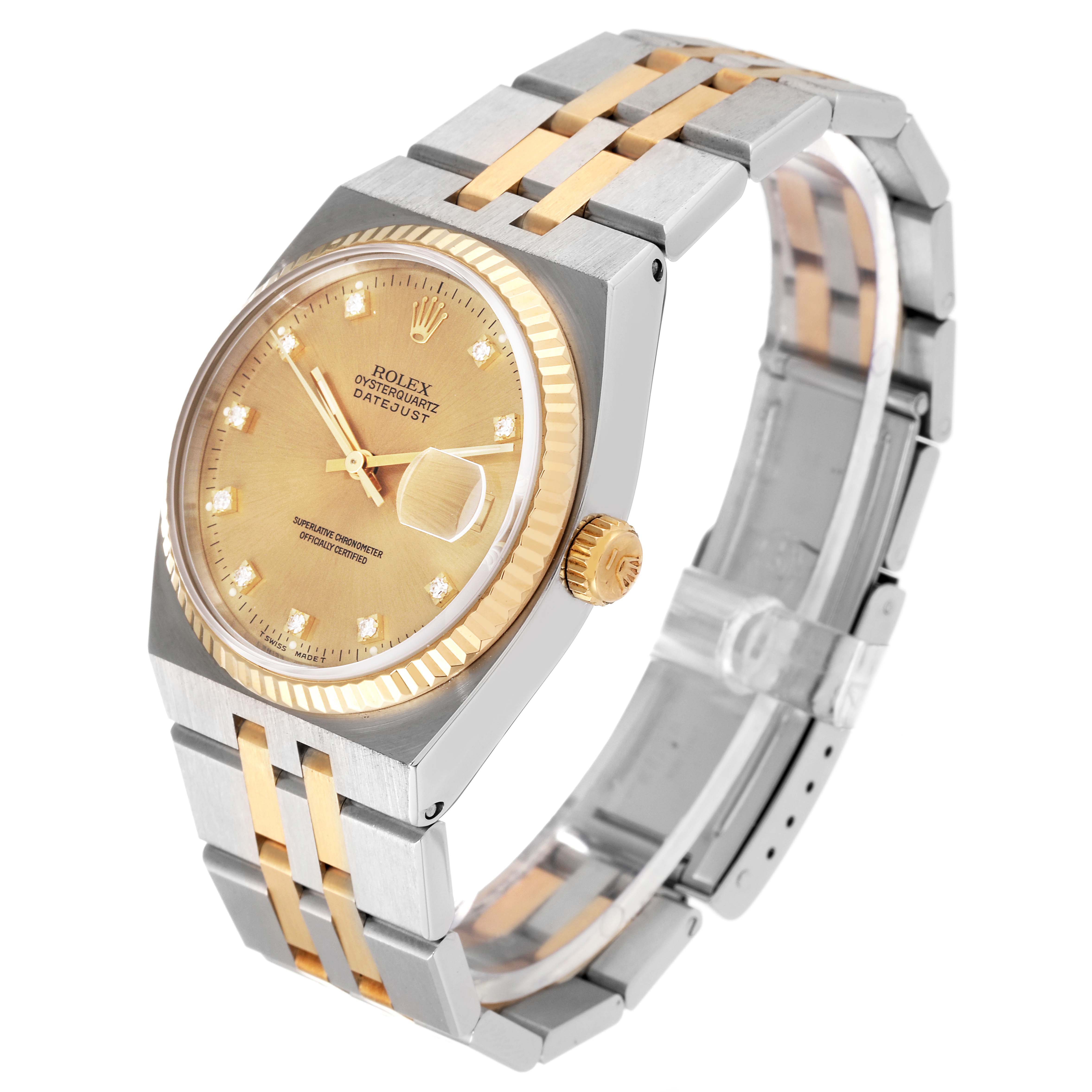 The Rolex Oysterquartz 17013 Men's Steel and Gold (two tone) Champagne Dial 17013 Men's Steel and Gold (two tone) Champagne Dial watch is shown at a three-quarter angle, highlighting its gold and silver bracelet, dial, and crown.