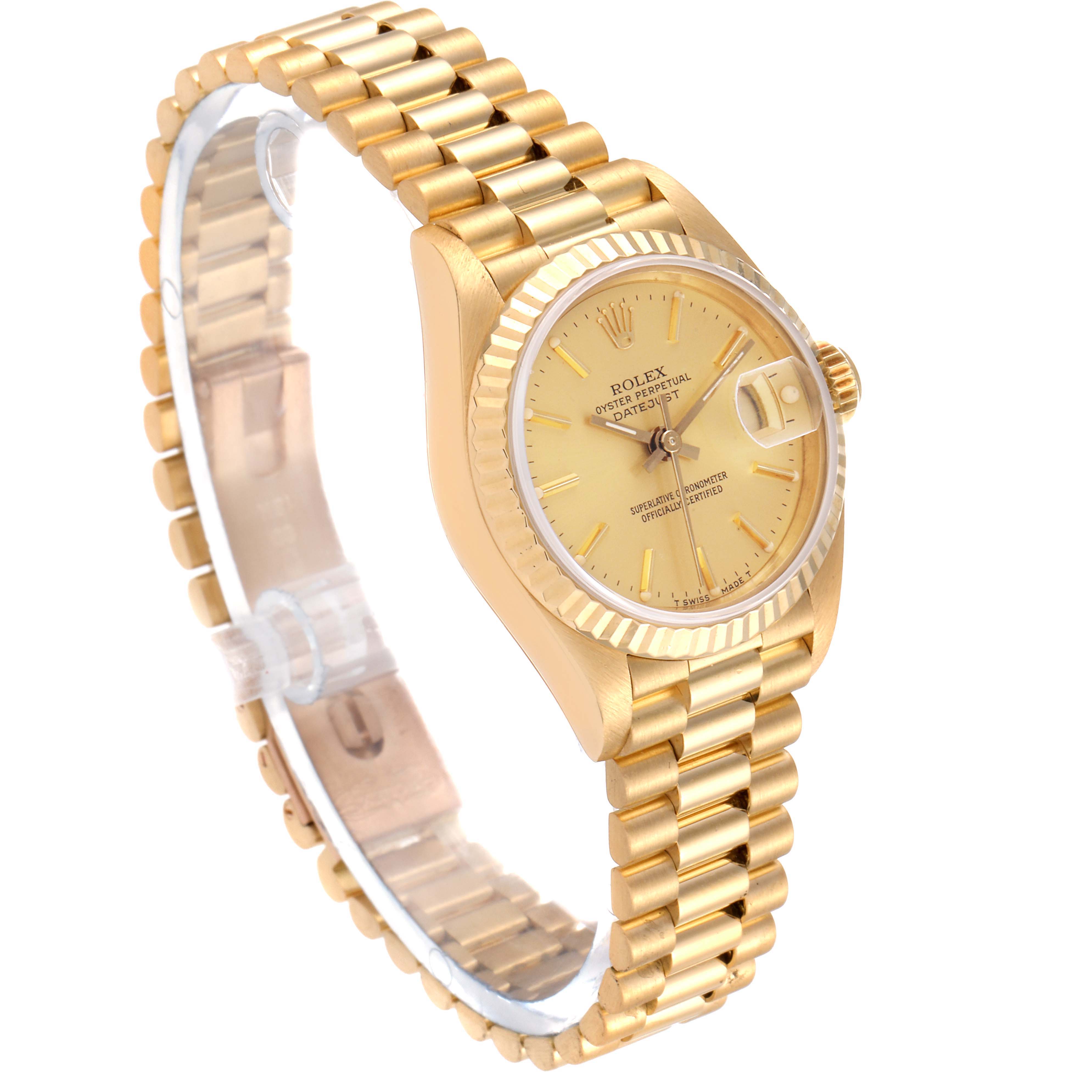 The image shows a Rolex President 69178 Women
s Yellow Gold Champagne Dial 69178 Women
s Yellow Gold Champagne Dial model watch at a side angle, displaying the gold bracelet, case, dial, and fluted bezel.