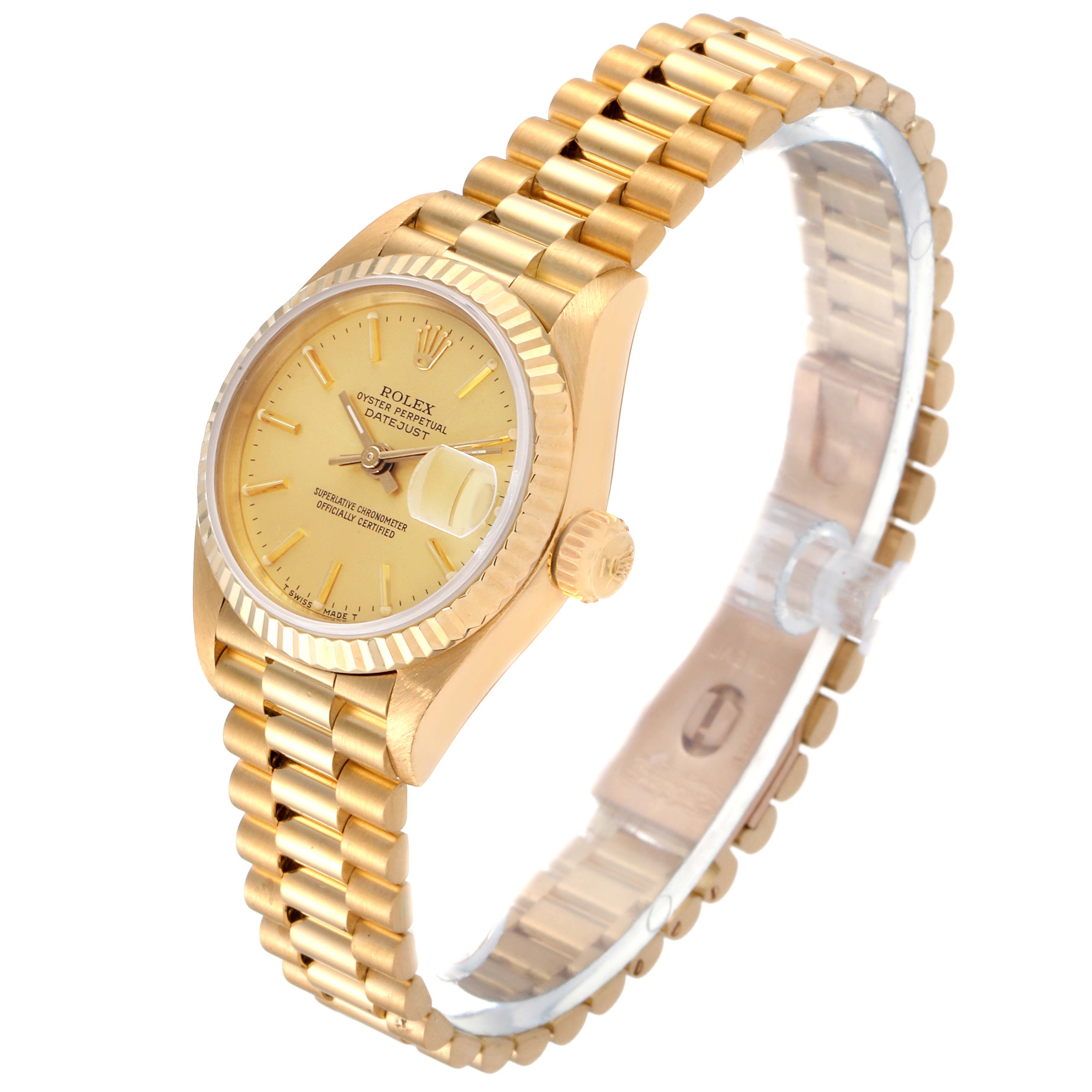 The Rolex President 69178 Women
s Yellow Gold Champagne Dial 69178 Women
s Yellow Gold Champagne Dial model watch is shown at an angled view, highlighting the dial, bezel, crown, and bracelet.
