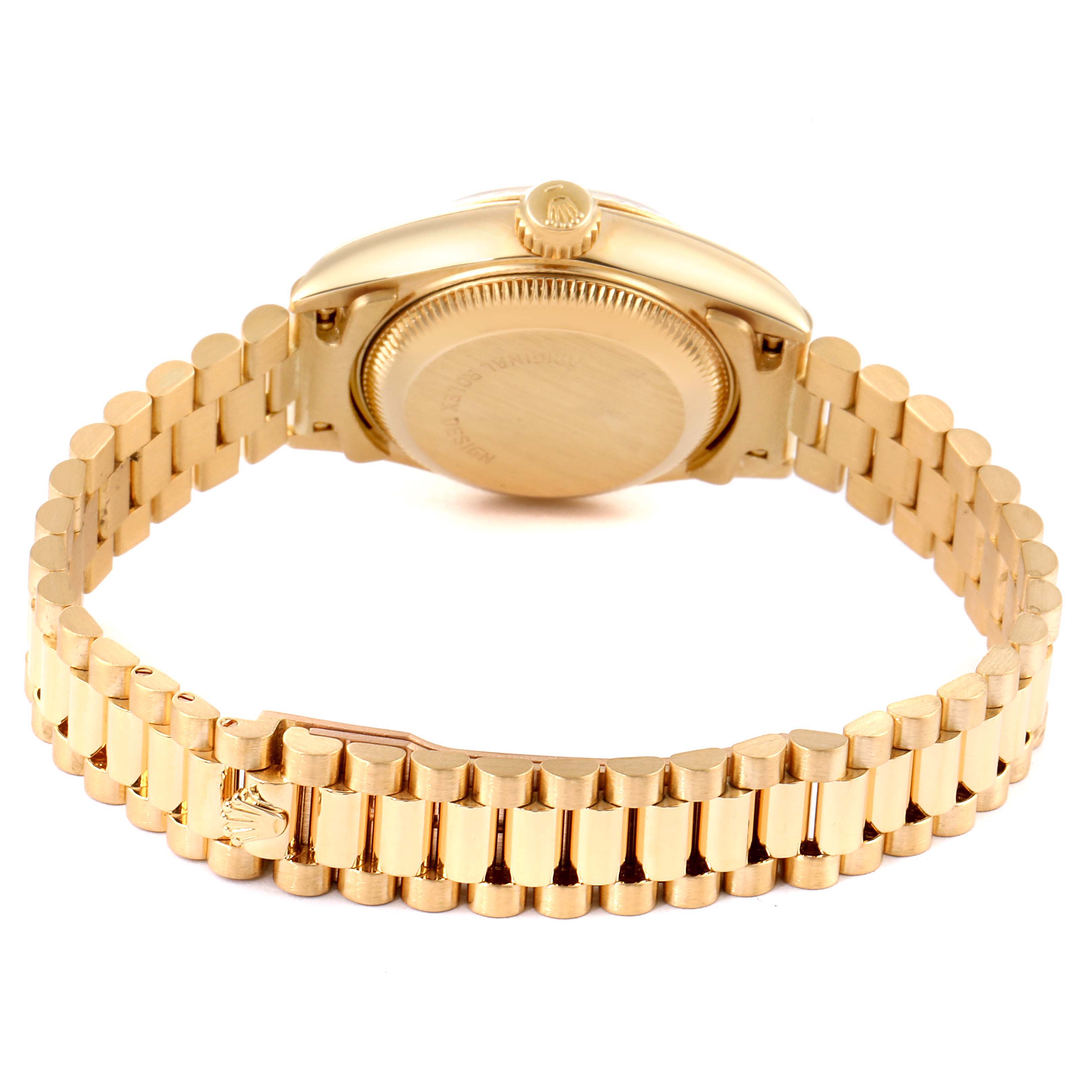 This image shows the back and bracelet of a Rolex President 69178 Women
s Yellow Gold Champagne Dial 69178 Women
s Yellow Gold Champagne Dial model watch.