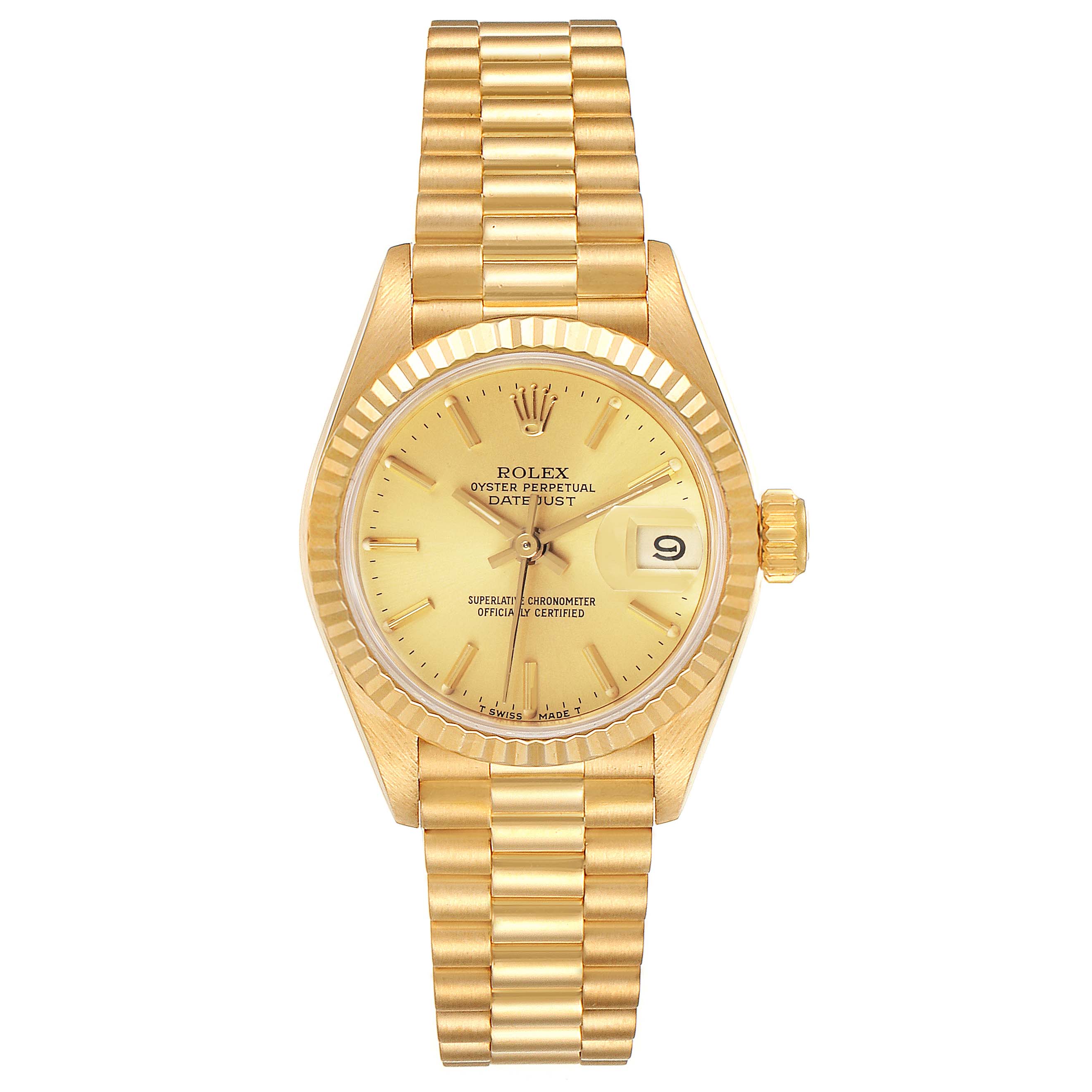 The image shows a front view of a Rolex President 69178 Women
s Yellow Gold Champagne Dial 69178 Women
s Yellow Gold Champagne Dial model with a gold dial, fluted bezel, and President bracelet.