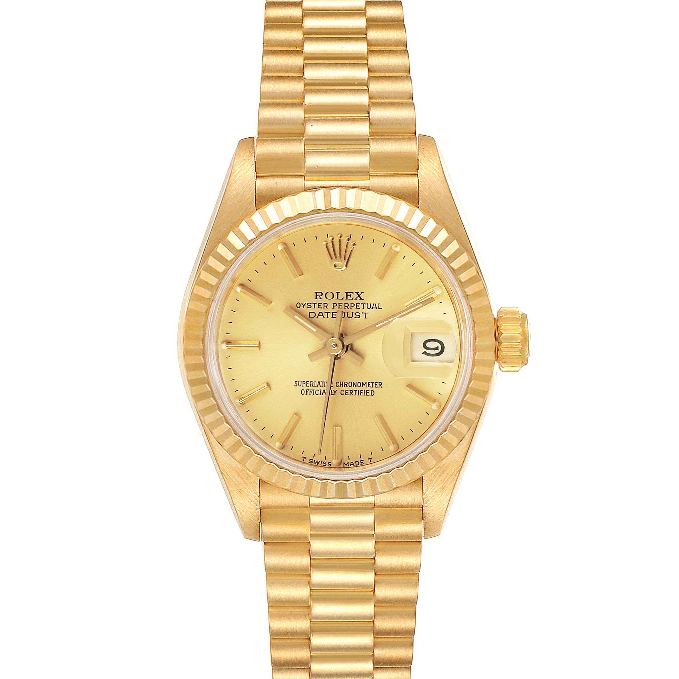 The Rolex President 69178 Women
s Yellow Gold Champagne Dial 69178 Women
s Yellow Gold Champagne Dial model is shown from the front, displaying its gold case, gold dial, fluted bezel, and President bracelet.