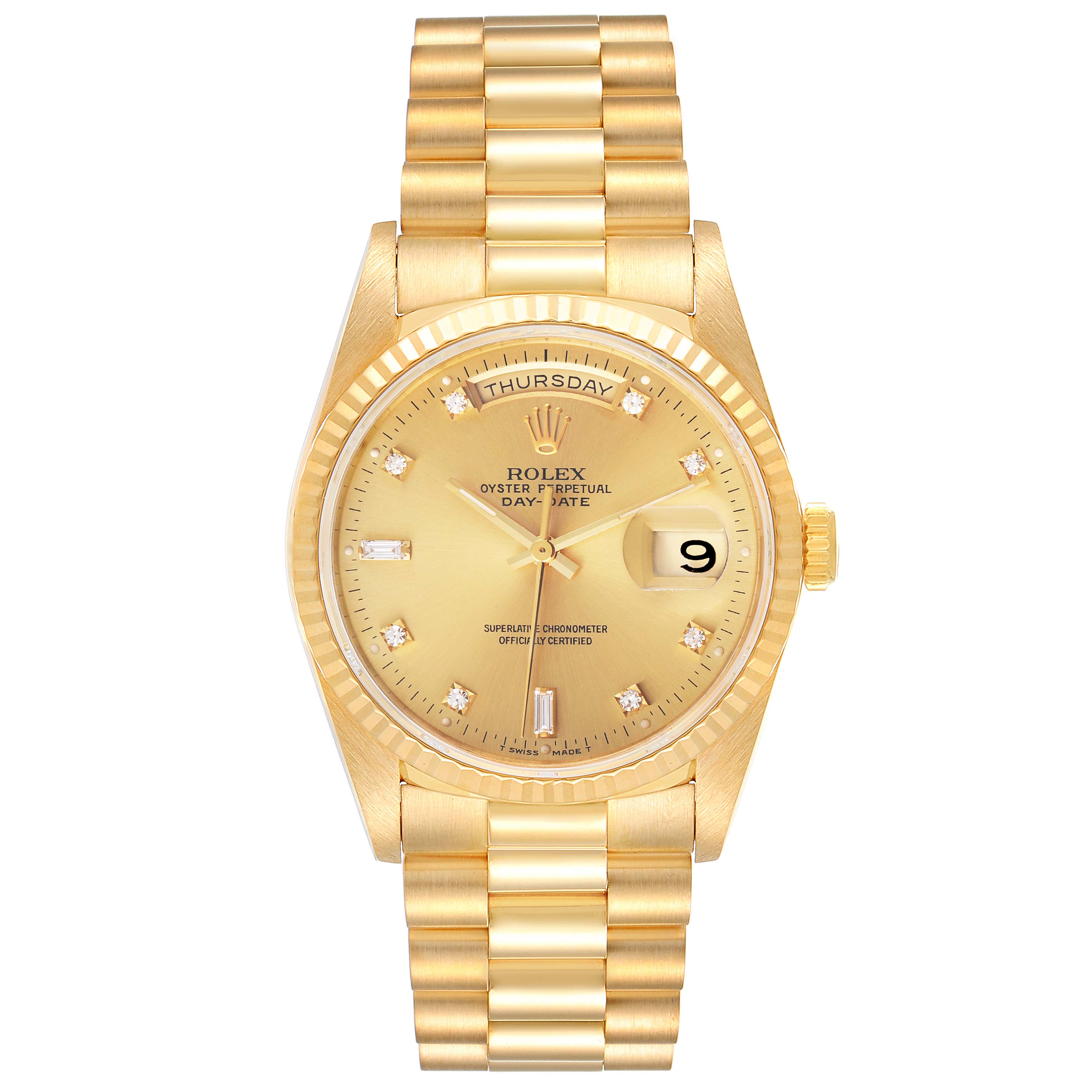 The image shows a front view of the Rolex President 18238 Men
s Yellow Gold Champagne Dial 18238 Men
s Yellow Gold Champagne Dial model watch, highlighting its gold band, dial, and day-date display.