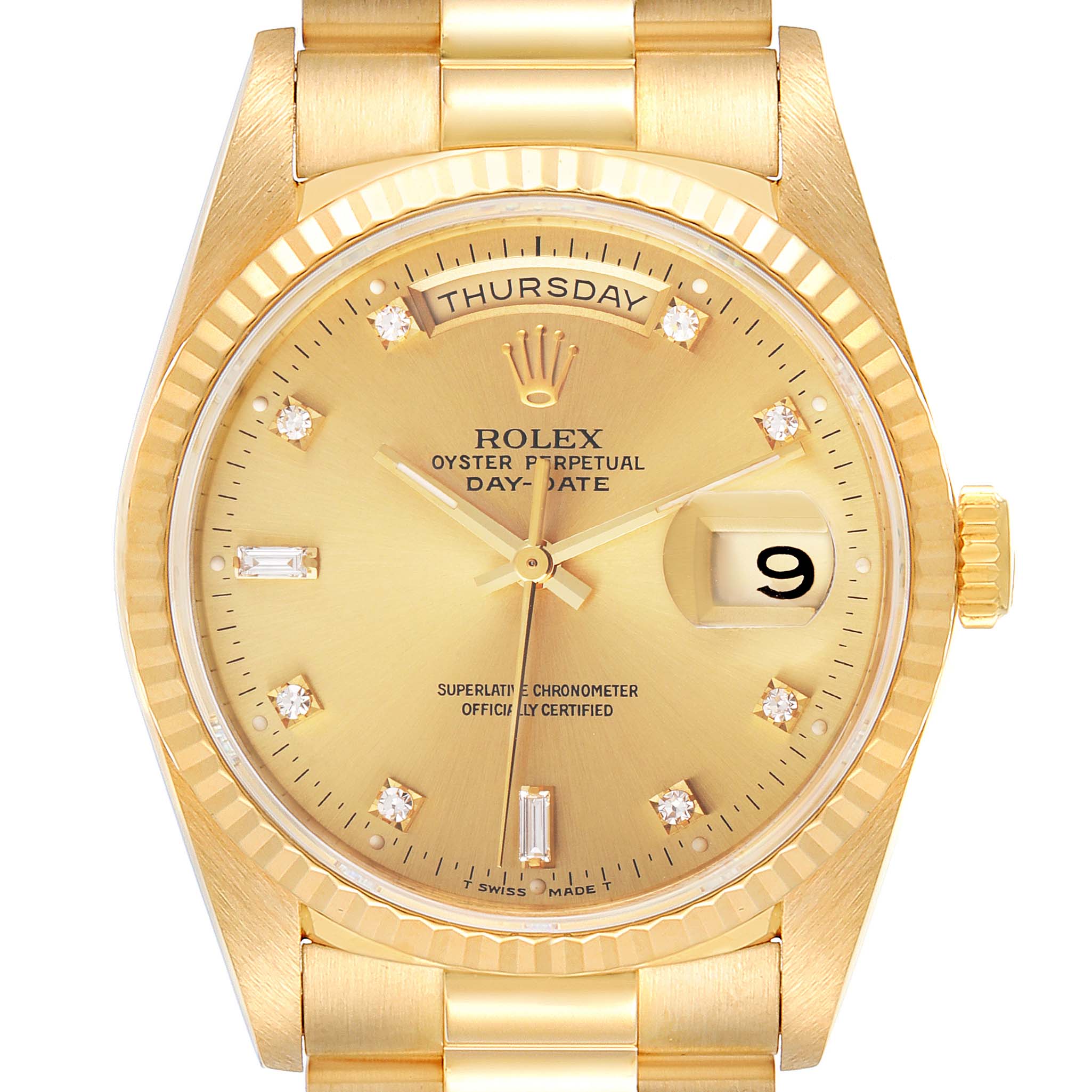 This Rolex President 18238 Men
s Yellow Gold Champagne Dial 18238 Men
s Yellow Gold Champagne Dial model is shown from a front angle, highlighting the gold dial, day and date windows, and diamond hour markers.