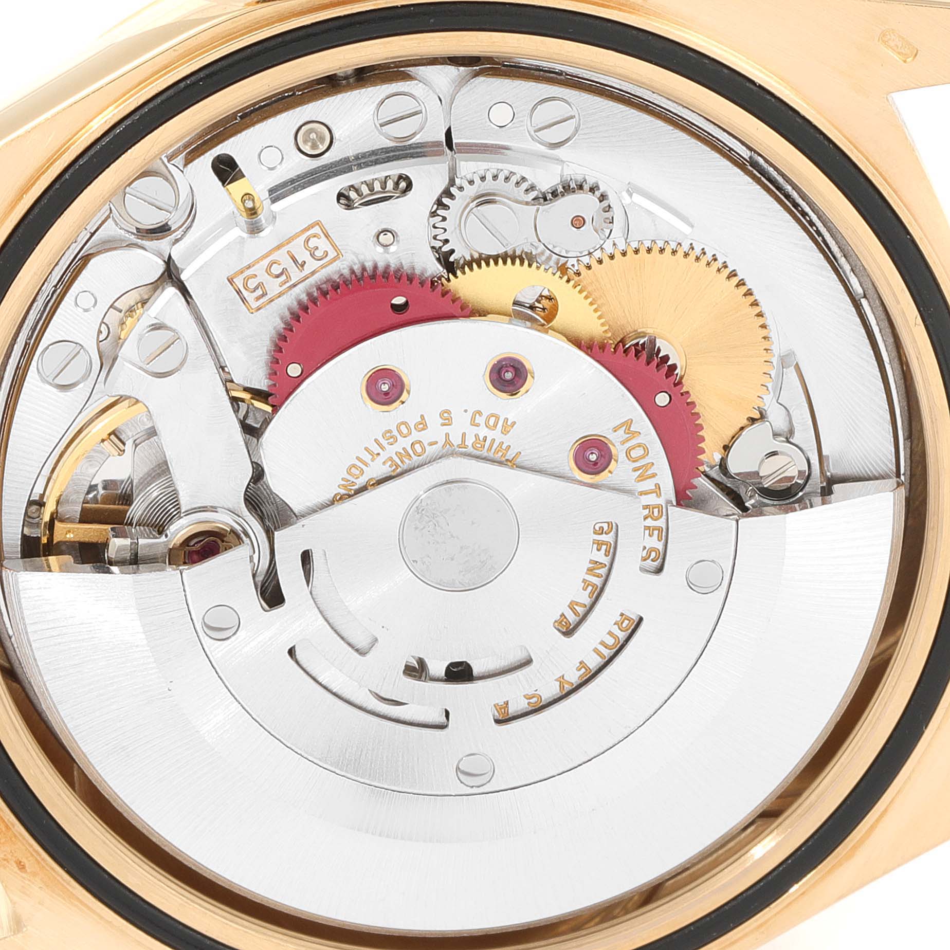 The image shows the intricate movement and mechanism of a Rolex President 18238 Men
s Yellow Gold Champagne Dial 18238 Men
s Yellow Gold Champagne Dial model watch, viewed from the case back.