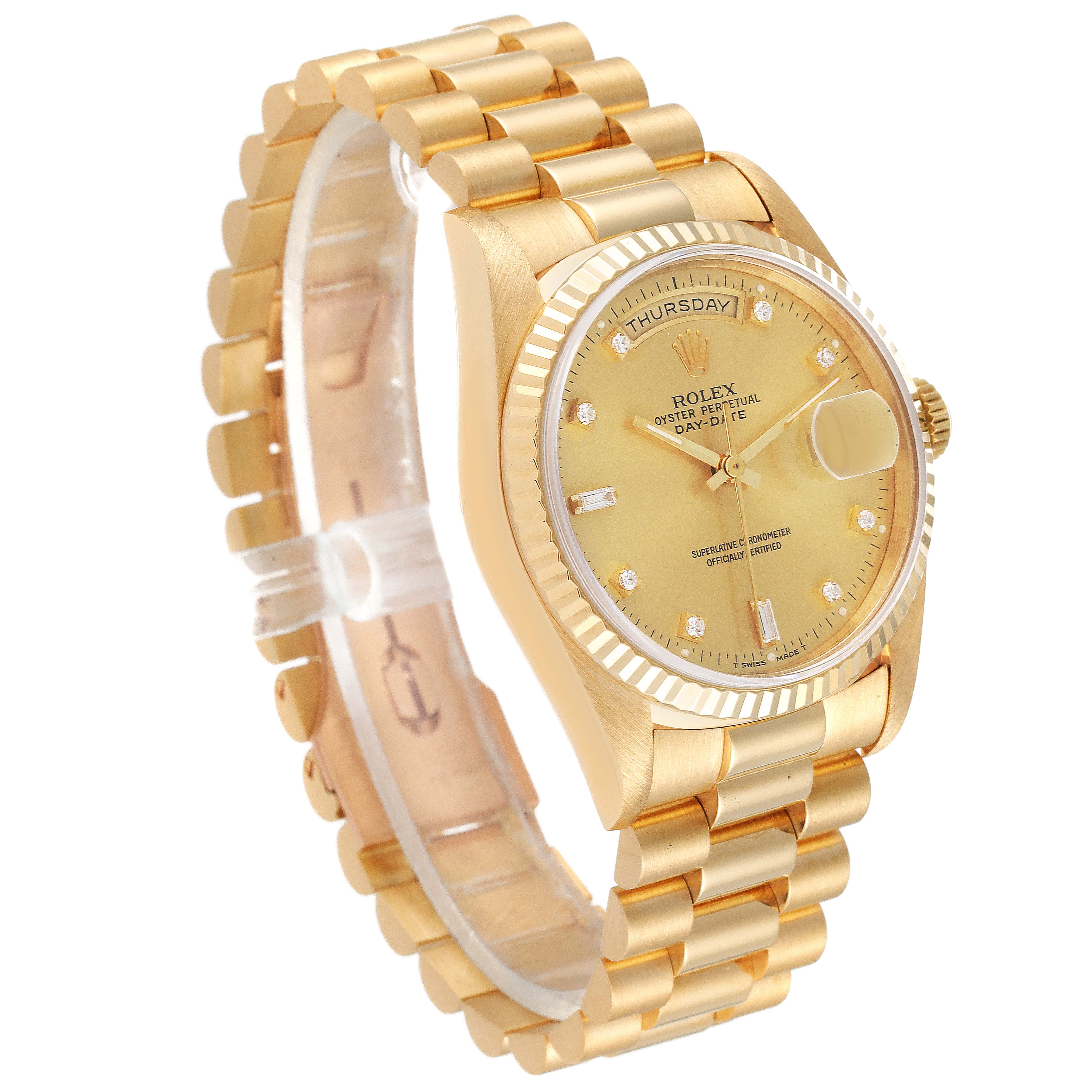 The image shows a Rolex President 18238 Men
s Yellow Gold Champagne Dial 18238 Men
s Yellow Gold Champagne Dial model watch at a three-quarter angle, highlighting the face, fluted bezel, and bracelet.