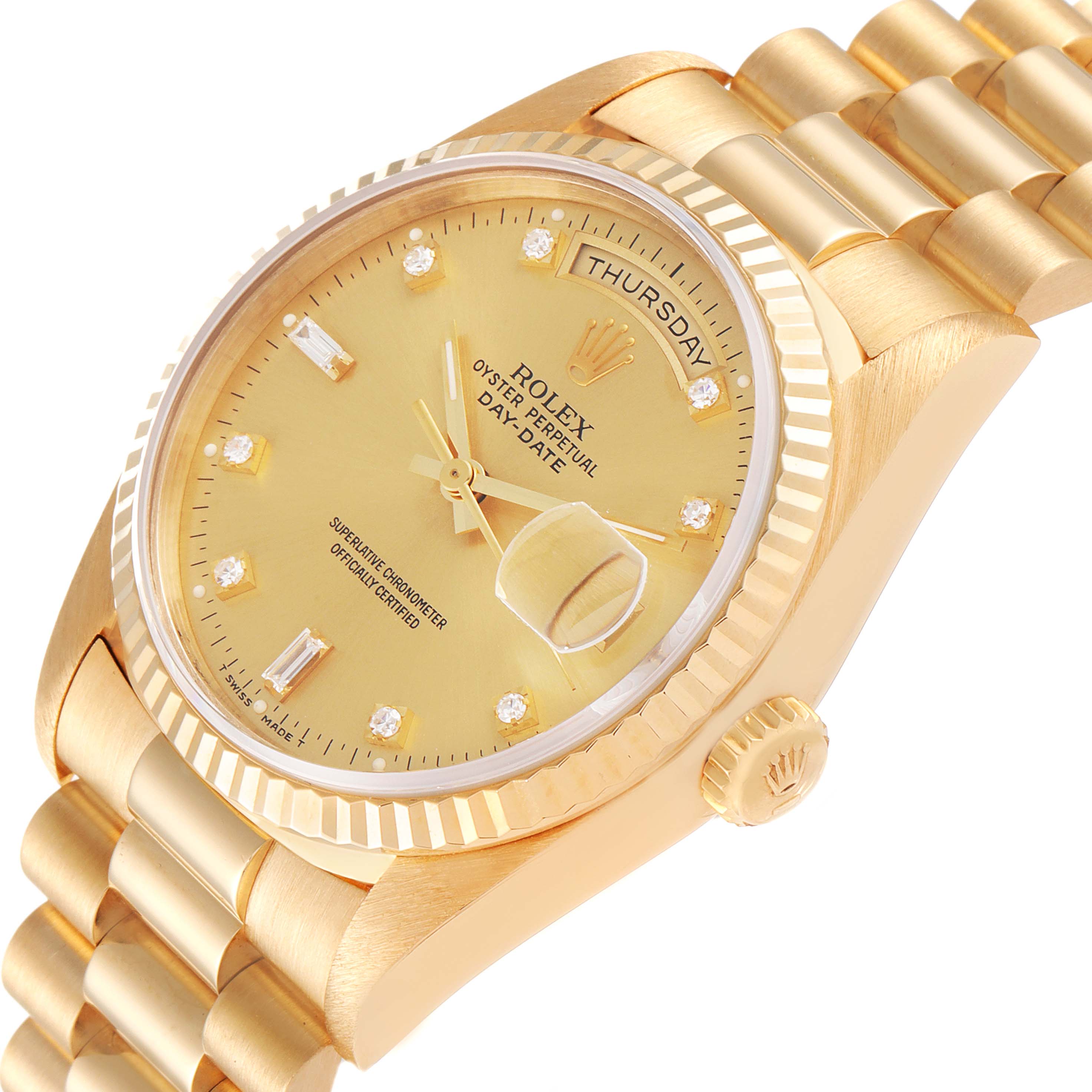 The image shows a Rolex President 18238 Men
s Yellow Gold Champagne Dial 18238 Men
s Yellow Gold Champagne Dial model watch angled to display its gold dial, bezel, day-date feature, and partial bracelet.