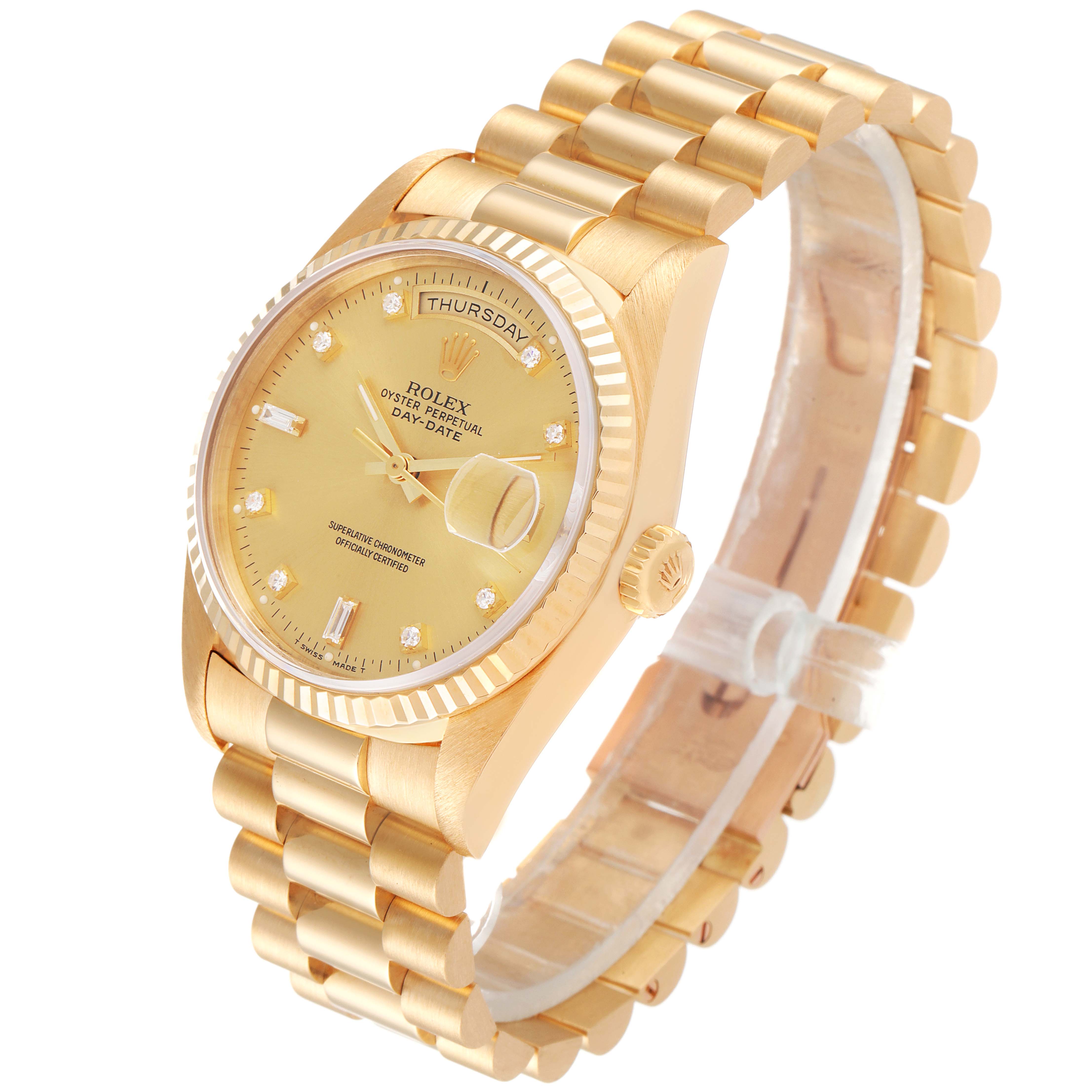 This image shows a Rolex President 18238 Men
s Yellow Gold Champagne Dial 18238 Men
s Yellow Gold Champagne Dial model watch in a three-quarter angle, displaying its face, fluted bezel, and President bracelet.