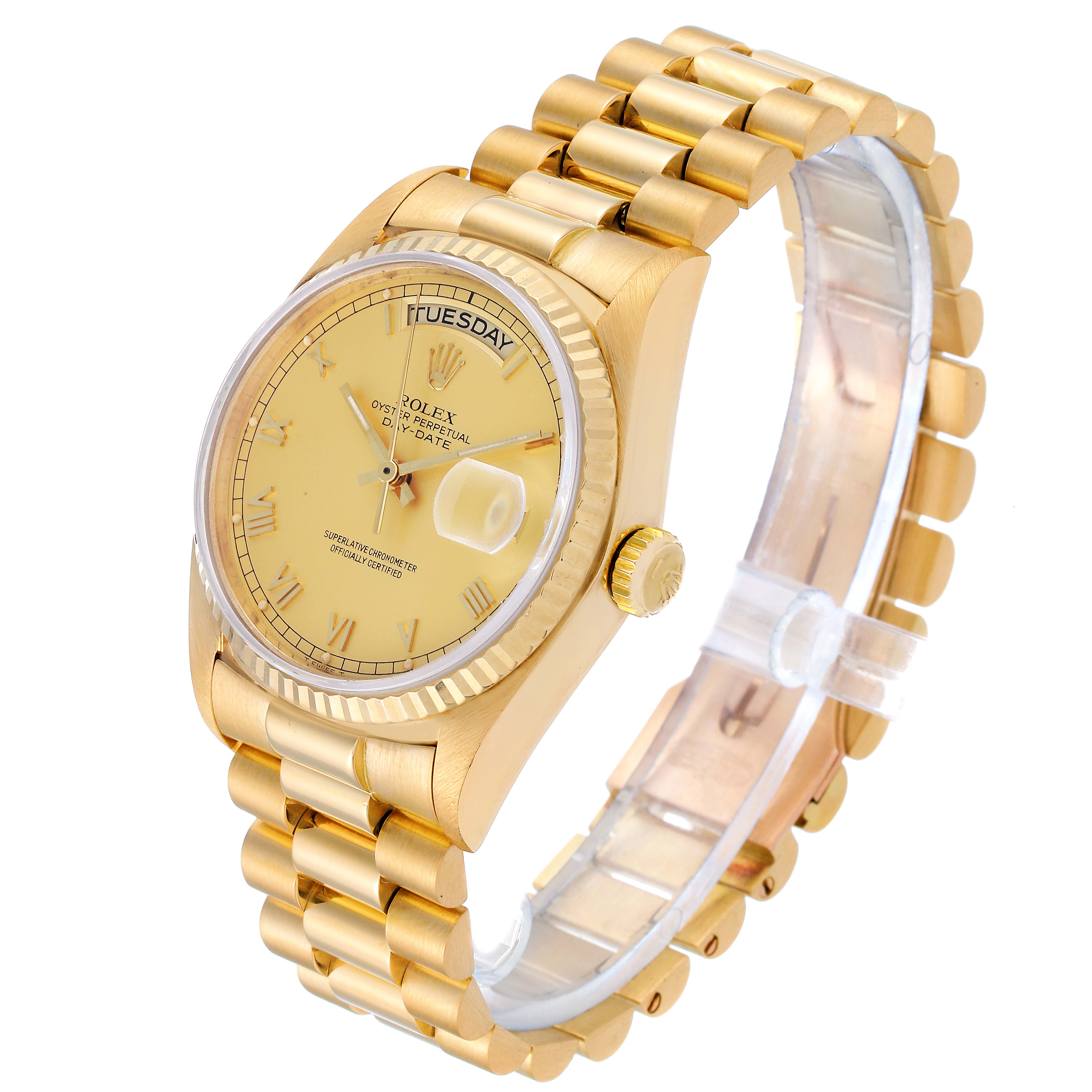The Rolex President 18038 Men's Yellow Gold Champagne Dial 18038 Men's Yellow Gold Champagne Dial model watch is shown at an angled perspective, displaying its face, bezel, crown, and bracelet.