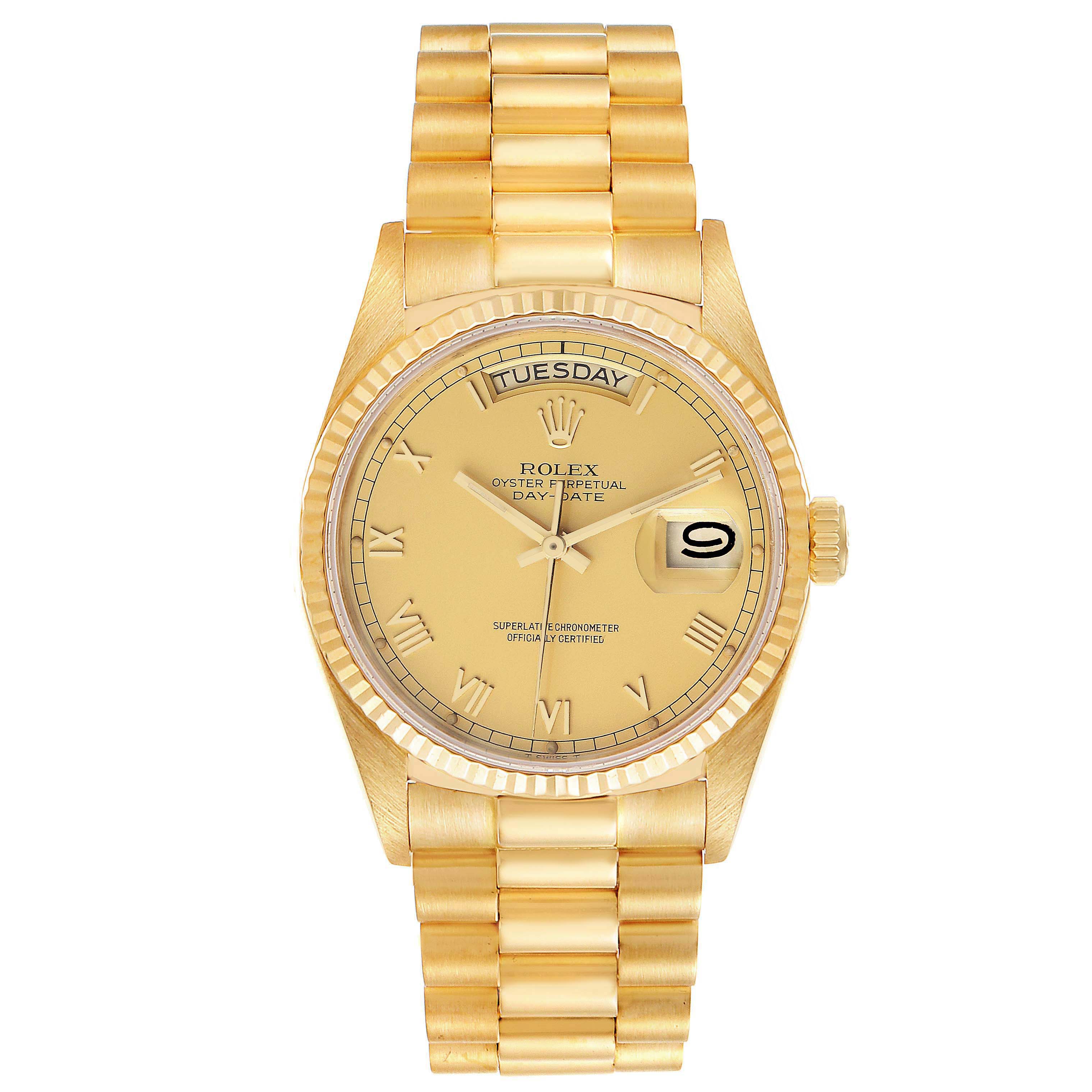 This image shows a frontal view of the Rolex President 18038 Men's Yellow Gold Champagne Dial 18038 Men's Yellow Gold Champagne Dial model watch, displaying the dial, day, date, and bracelet.