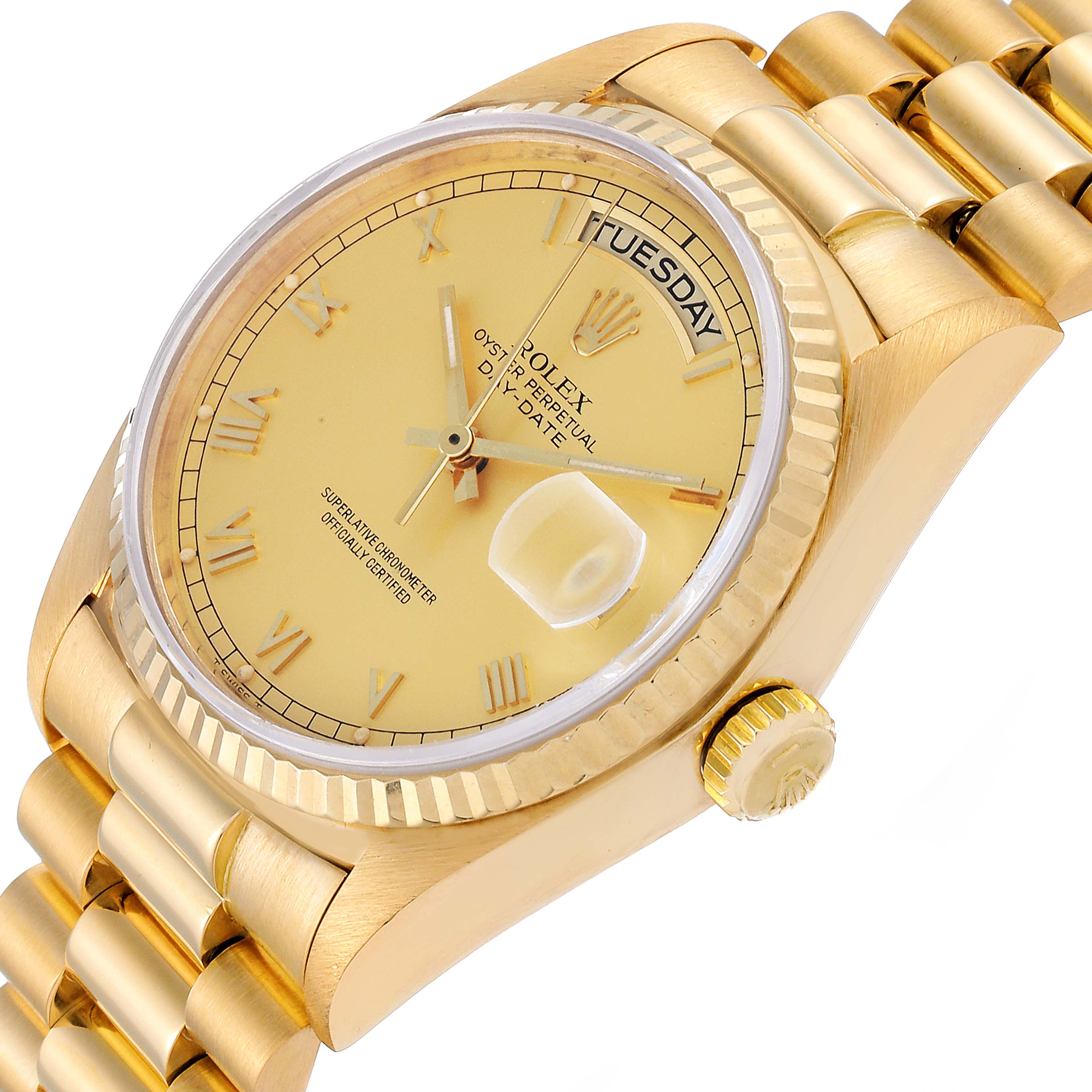 This image shows a close-up of the Rolex President 18038 Men's Yellow Gold Champagne Dial 18038 Men's Yellow Gold Champagne Dial model, highlighting the dial, fluted bezel, and bracelet from a three-quarter angle.