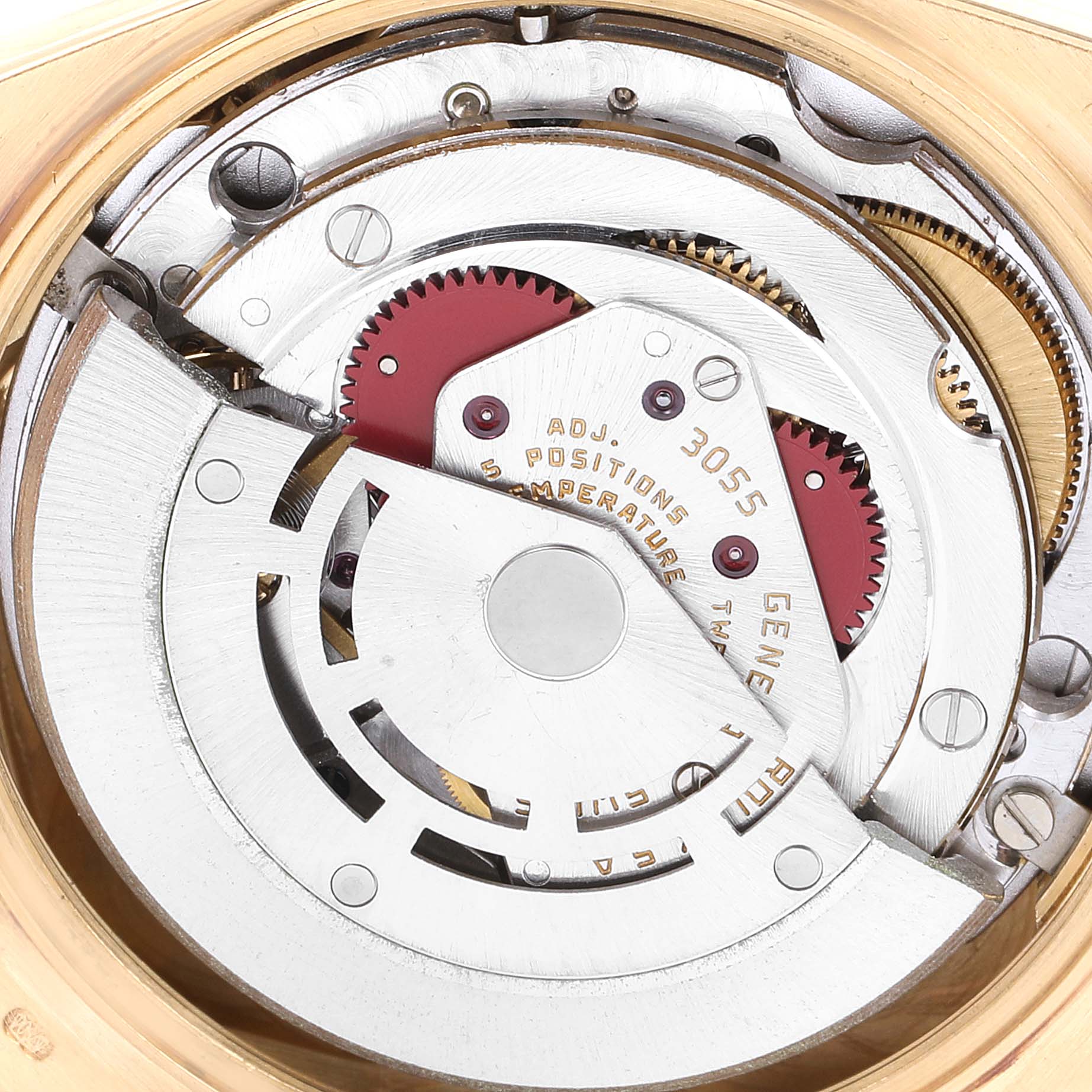 The image displays the internal mechanical movement of the Rolex President 18038 Men's Yellow Gold Champagne Dial 18038 Men's Yellow Gold Champagne Dial model watch, showcasing intricate gears and components.