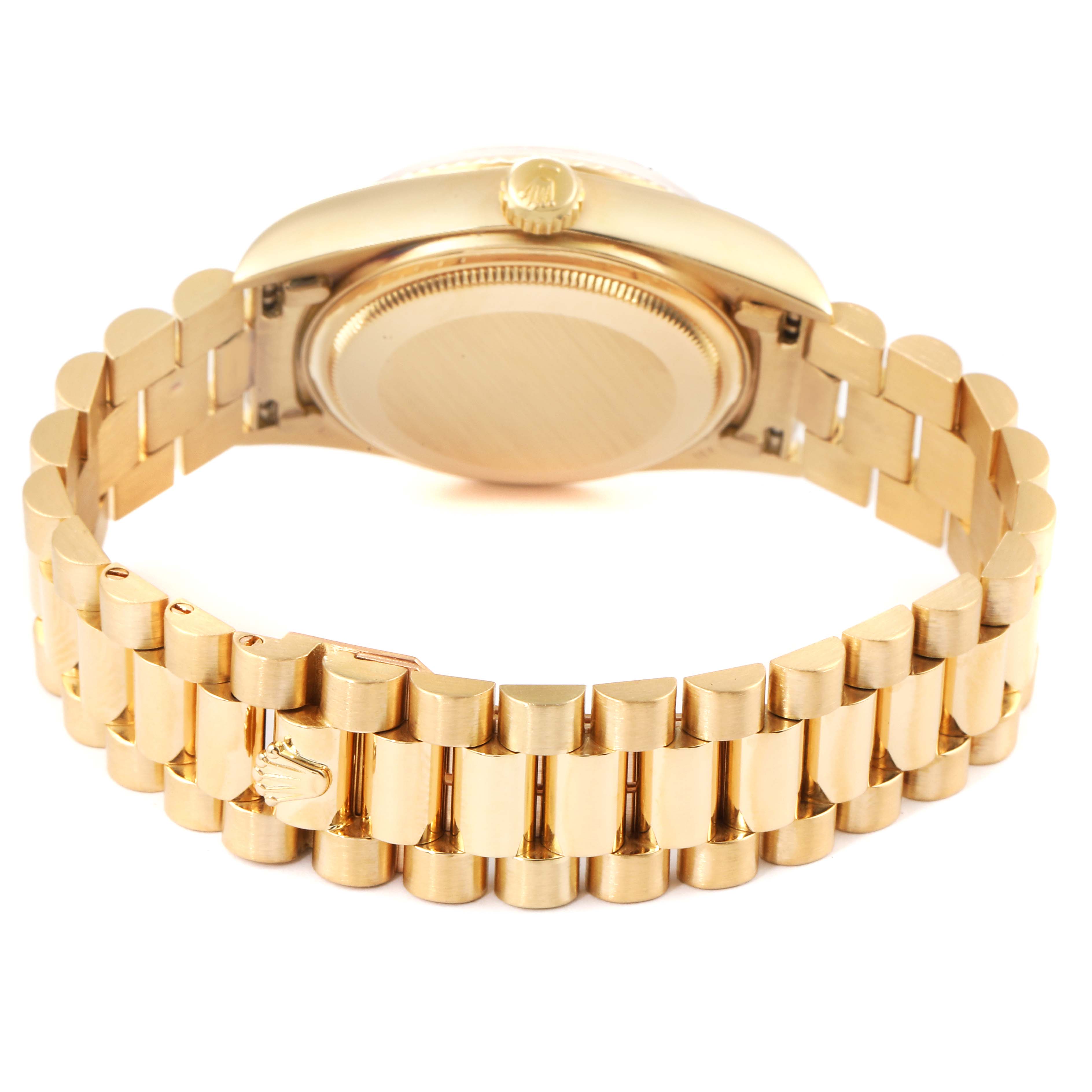 This image shows the back and band of a Rolex President 18038 Men's Yellow Gold Champagne Dial 18038 Men's Yellow Gold Champagne Dial model watch, displaying its clasp and caseback from a rear angle.