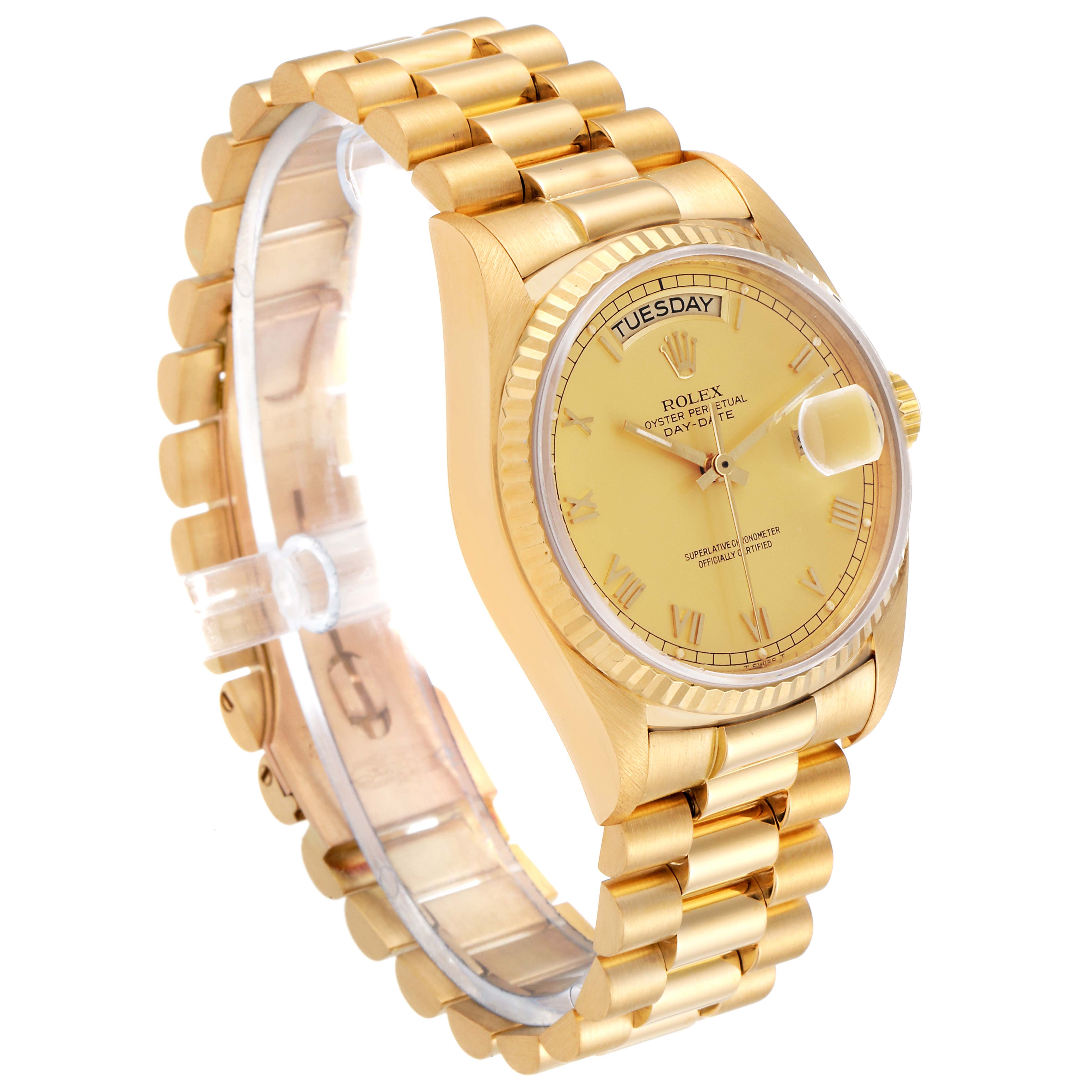 The image displays a Rolex President 18038 Men's Yellow Gold Champagne Dial 18038 Men's Yellow Gold Champagne Dial model watch from a side angle, showing the full bracelet and face, including the day and date indicators.