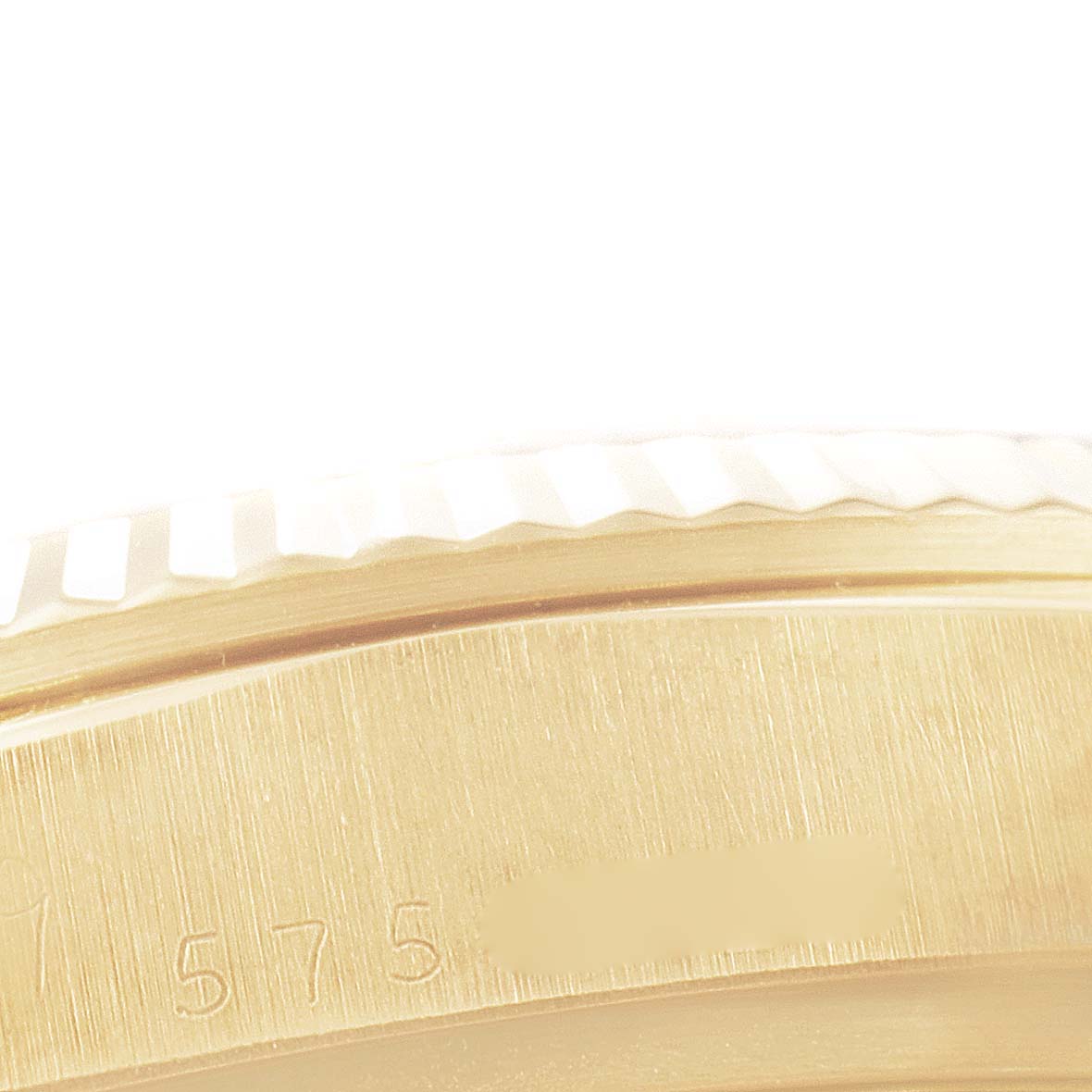 This image shows a close-up angle of the side casing, crown, and part of the bezel of the Rolex President 18038 Men
s Yellow Gold Silver Dial 18038 Men
s Yellow Gold Silver Dial model watch.