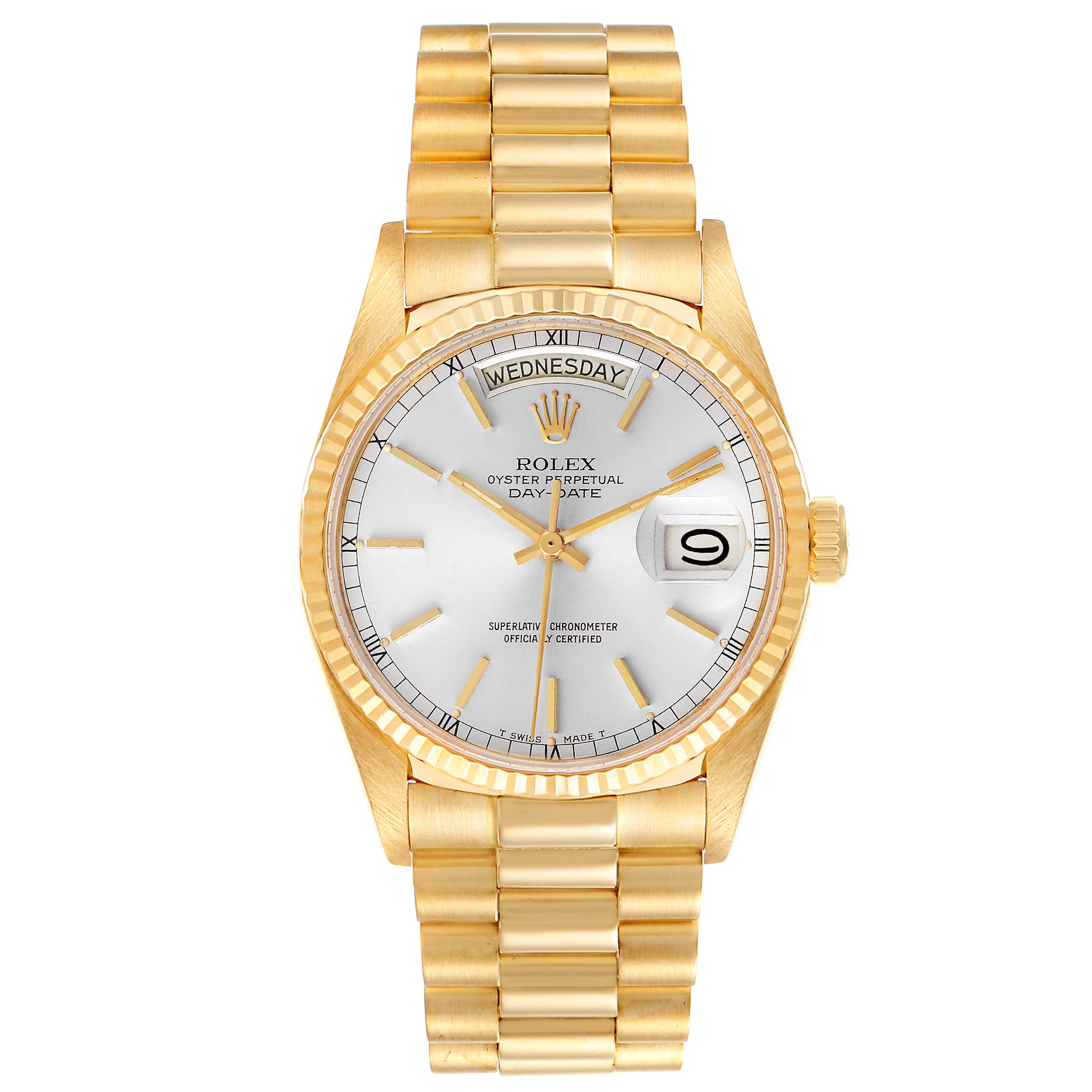 This is a top view of a Rolex President 18038 Men
s Yellow Gold Silver Dial 18038 Men
s Yellow Gold Silver Dial model watch, showing the dial, day/date display, and gold bracelet.