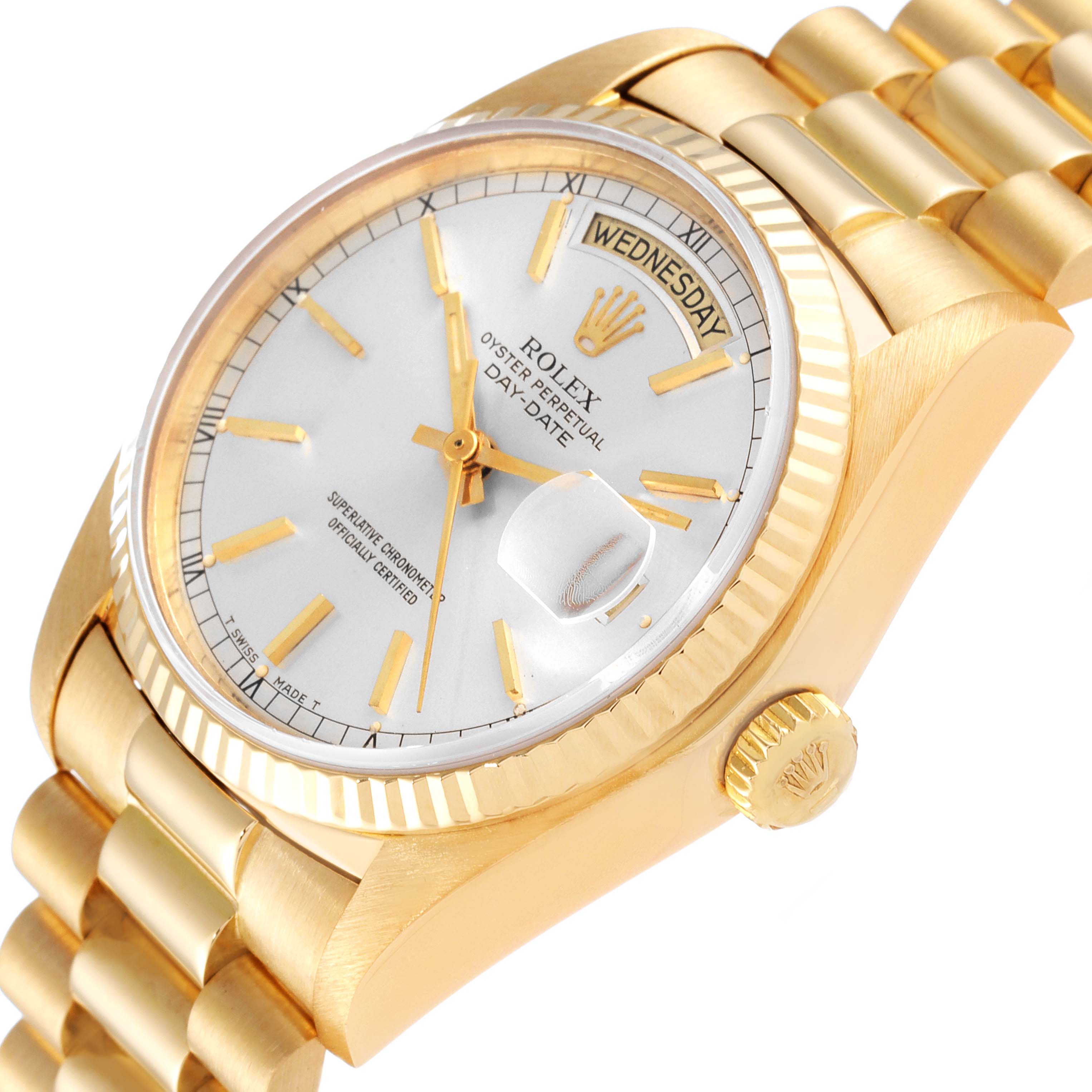 The Rolex President 18038 Men
s Yellow Gold Silver Dial 18038 Men
s Yellow Gold Silver Dial model watch is shown at an angled close-up, highlighting the dial, crown, bracelet, and date display.