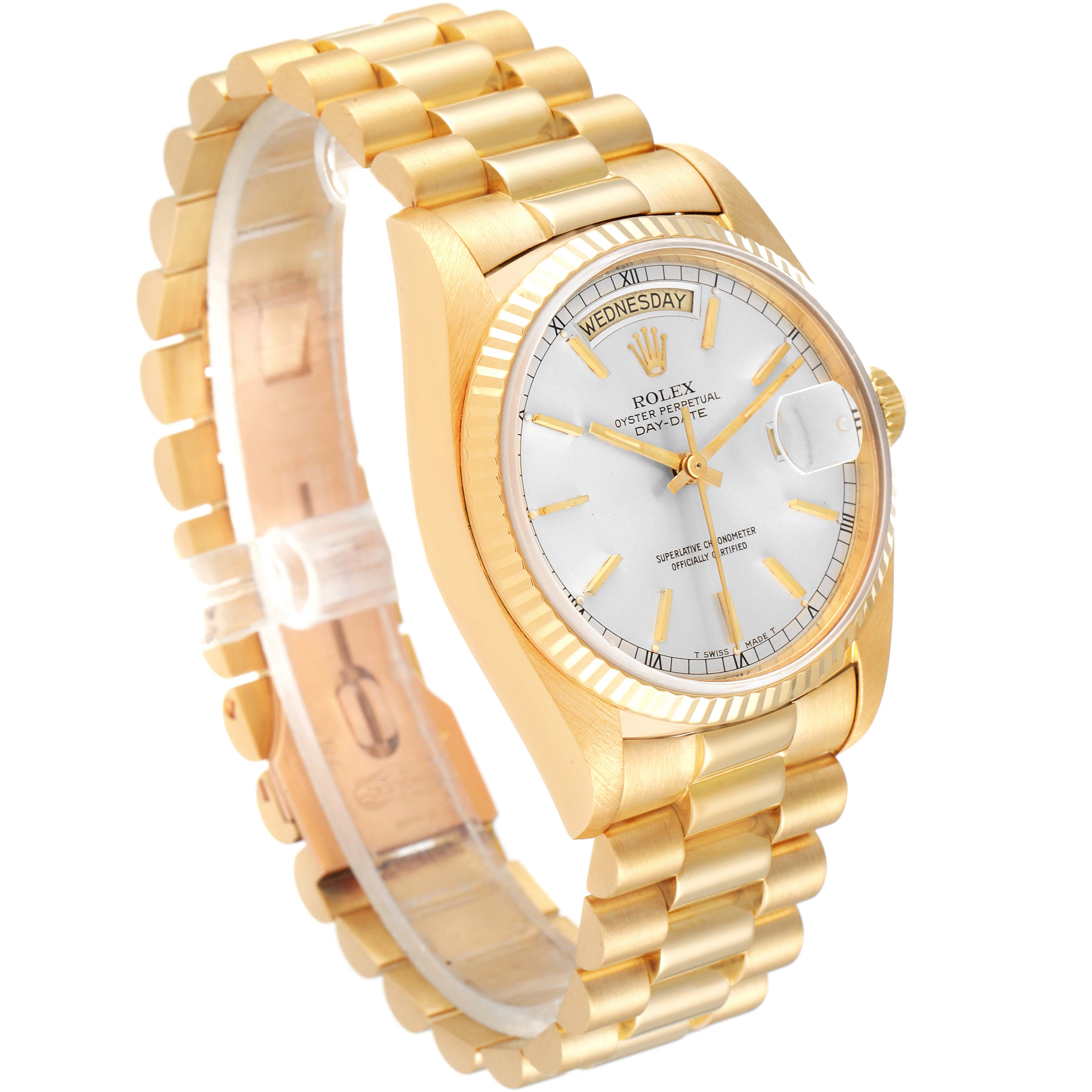 The image shows a Rolex President 18038 Men
s Yellow Gold Silver Dial 18038 Men
s Yellow Gold Silver Dial model watch at an angle displaying its gold bracelet, round case, and face with day and date indicators.