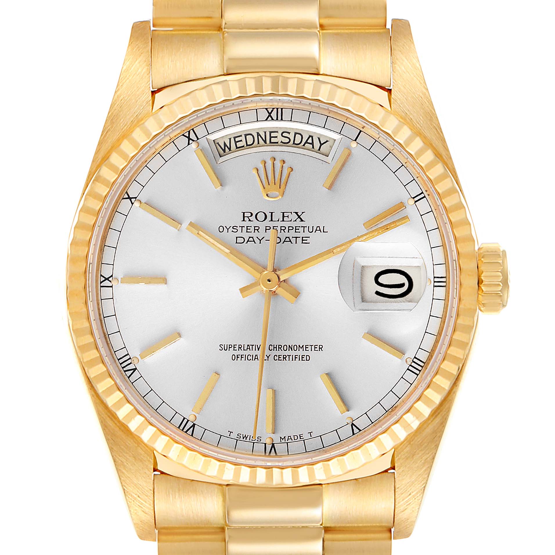 The image shows a front view of the Rolex President 18038 Men
s Yellow Gold Silver Dial 18038 Men
s Yellow Gold Silver Dial model watch, highlighting the dial, hands, date, and day features.