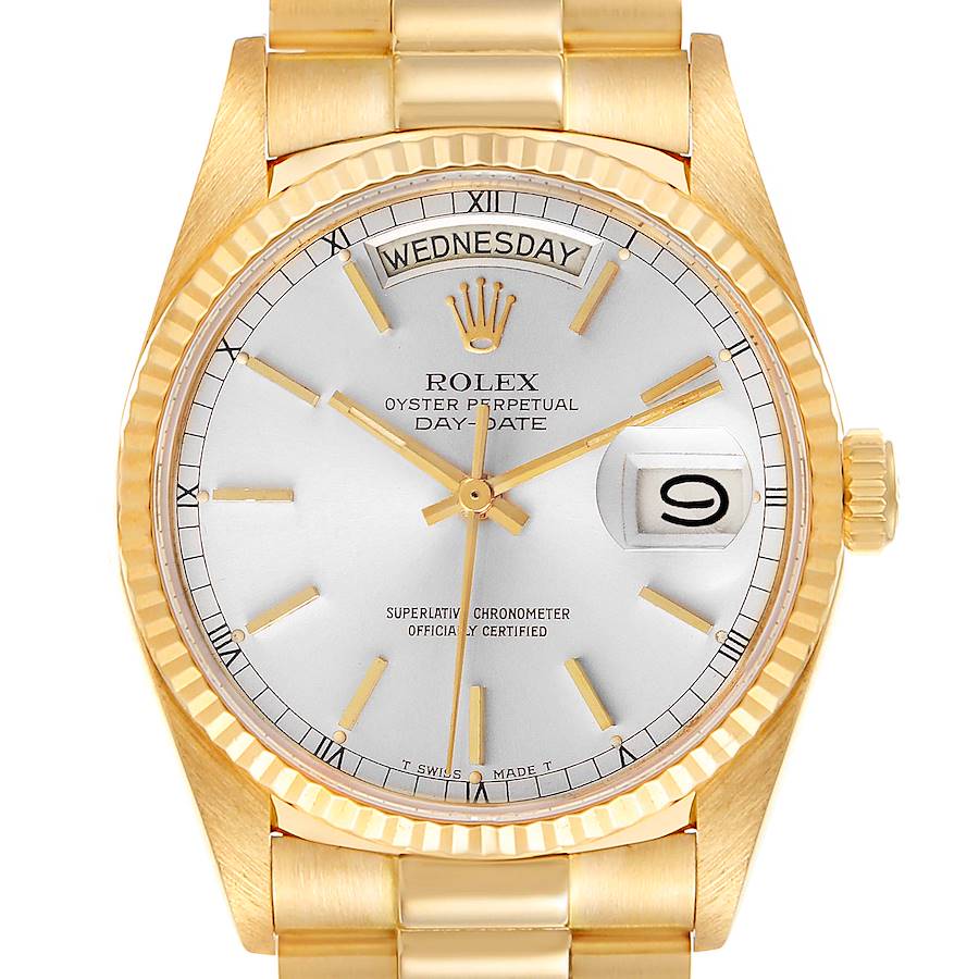 Rolex President Day-Date 36mm Yellow Gold Silver Dial Mens Watch 18038 SwissWatchExpo
