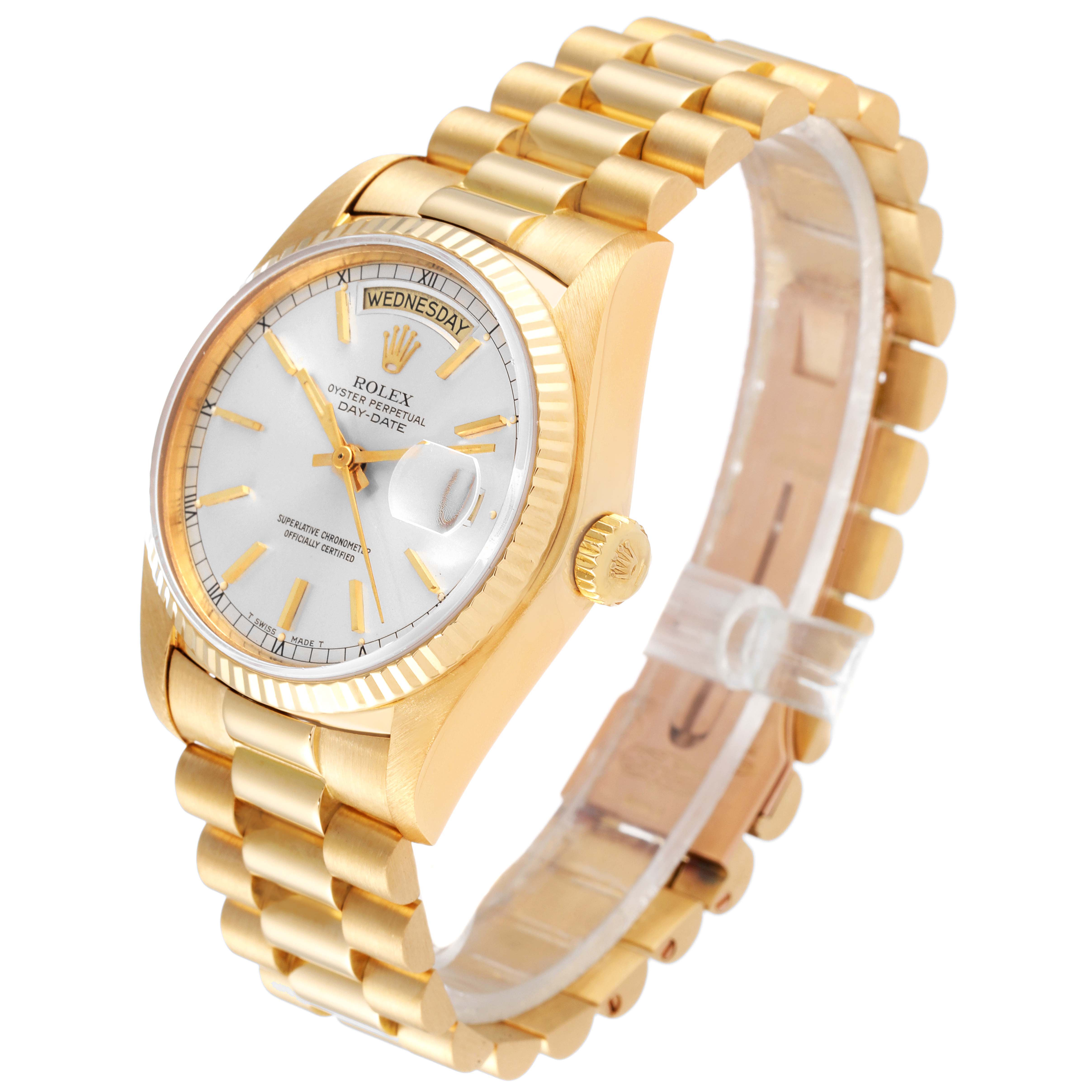 The Rolex President 18038 Men
s Yellow Gold Silver Dial 18038 Men
s Yellow Gold Silver Dial watch is shown at an angle highlighting the face, bezel, crown, and bracelet.