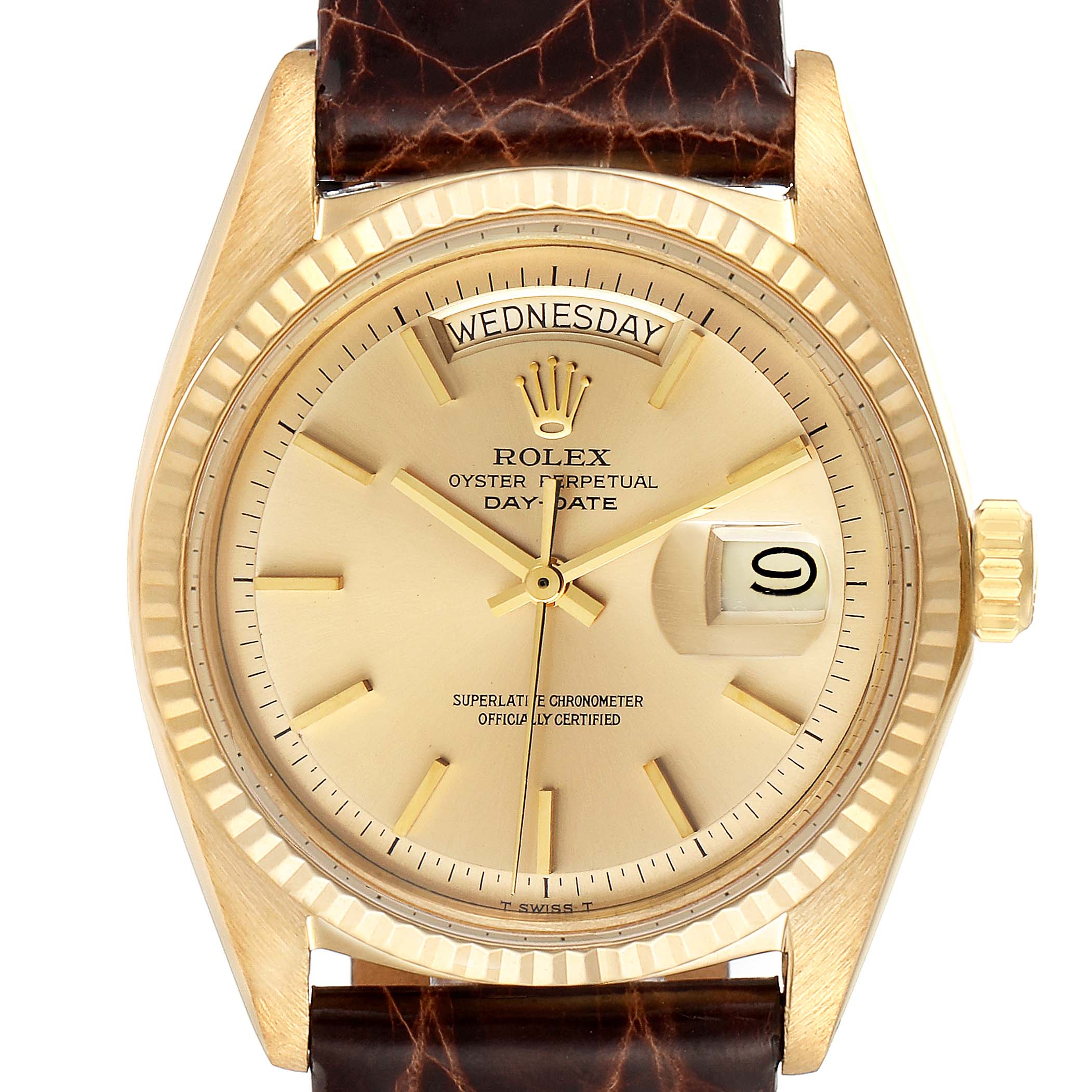 This is a close-up of the Rolex Vintage Collection 1803 Men's Yellow Gold Champagne Dial 1803 Men's Yellow Gold Champagne Dial watch, showing the face, bezel, crown, and part of the leather strap.