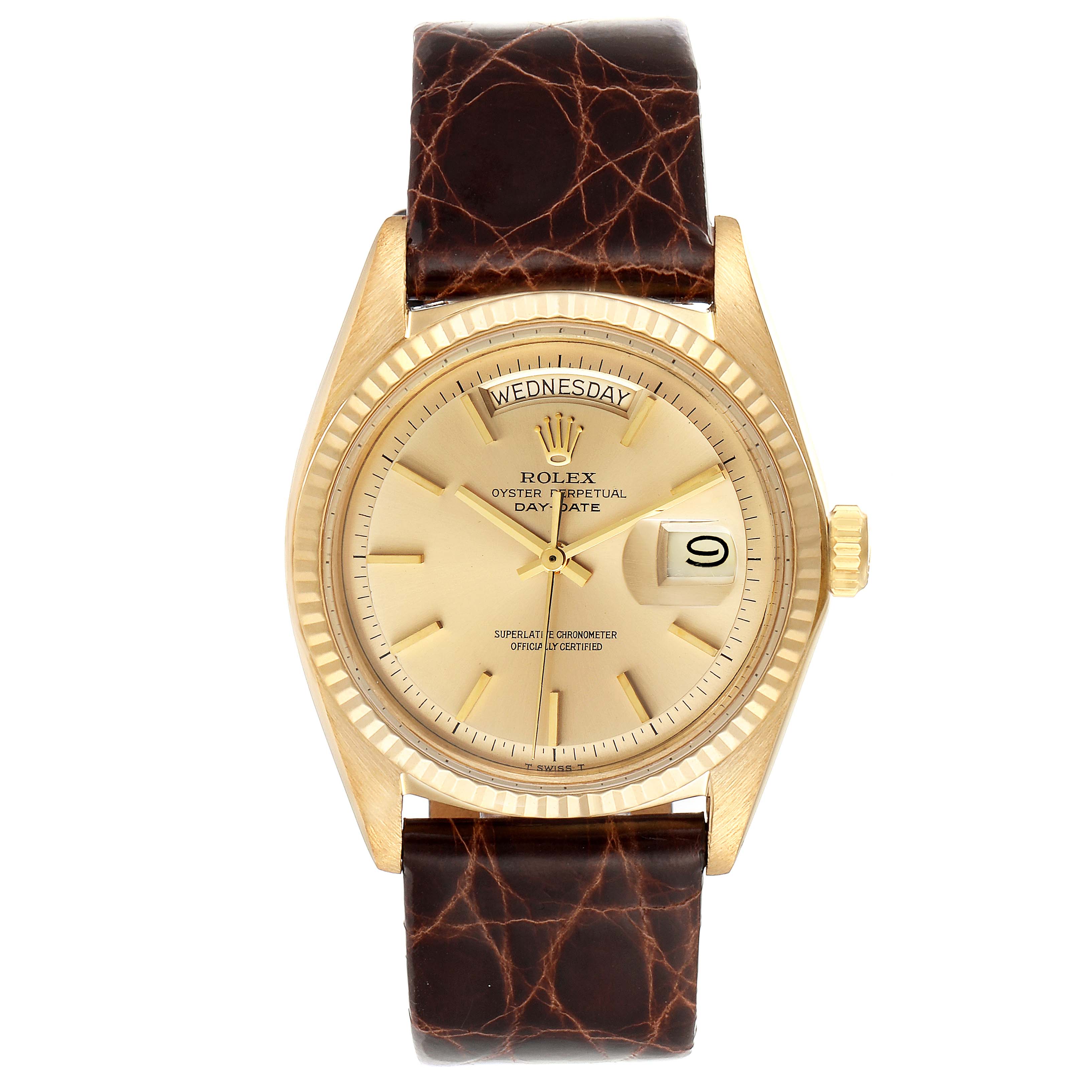 The Vintage Collection Rolex watch is shown from the front, displaying the dial, bezel, case, and leather strap.