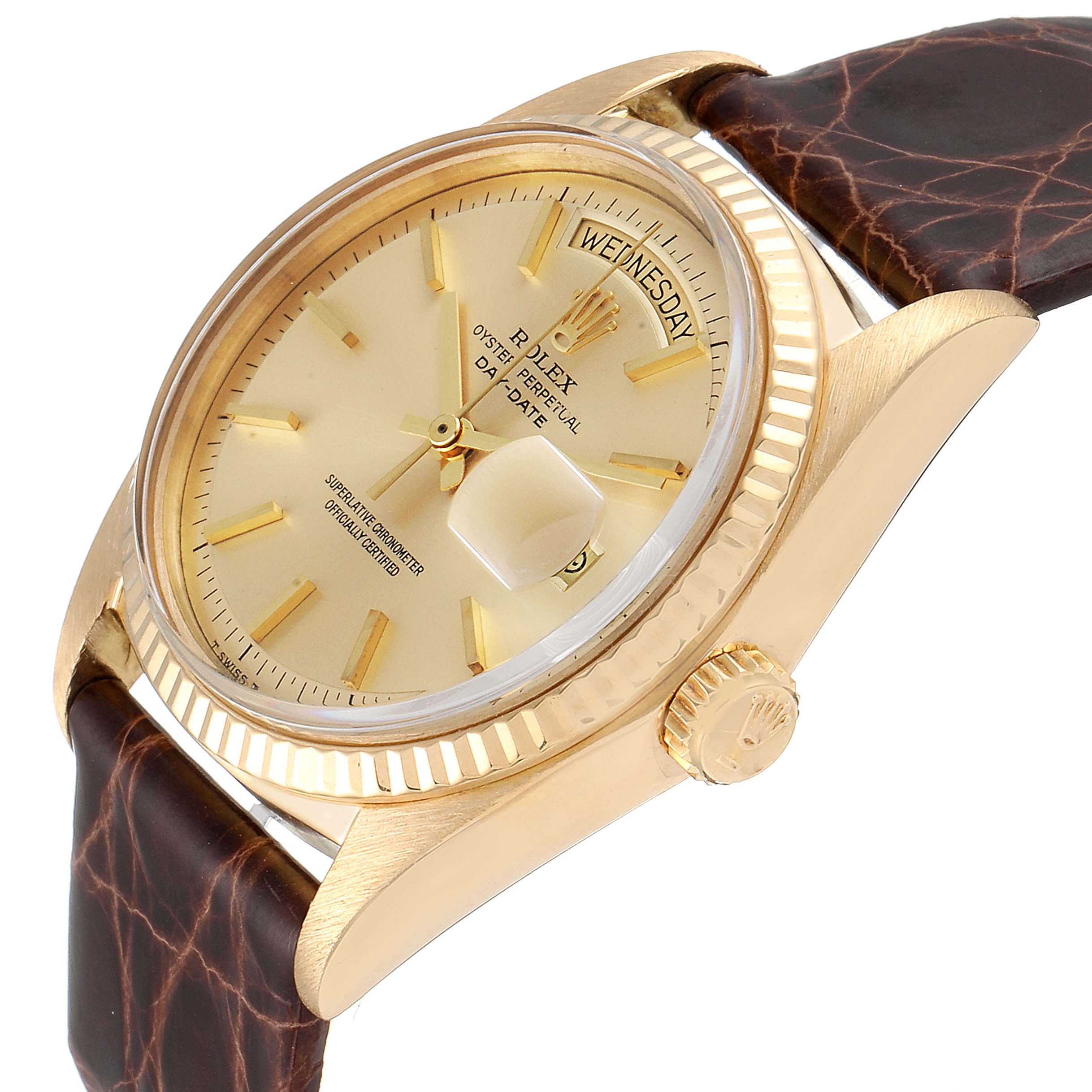 The Rolex Vintage Collection 1803 Men's Yellow Gold Champagne Dial 1803 Men's Yellow Gold Champagne Dial model watch is shown at an angle highlighting the dial, bezel, crown, and leather strap.