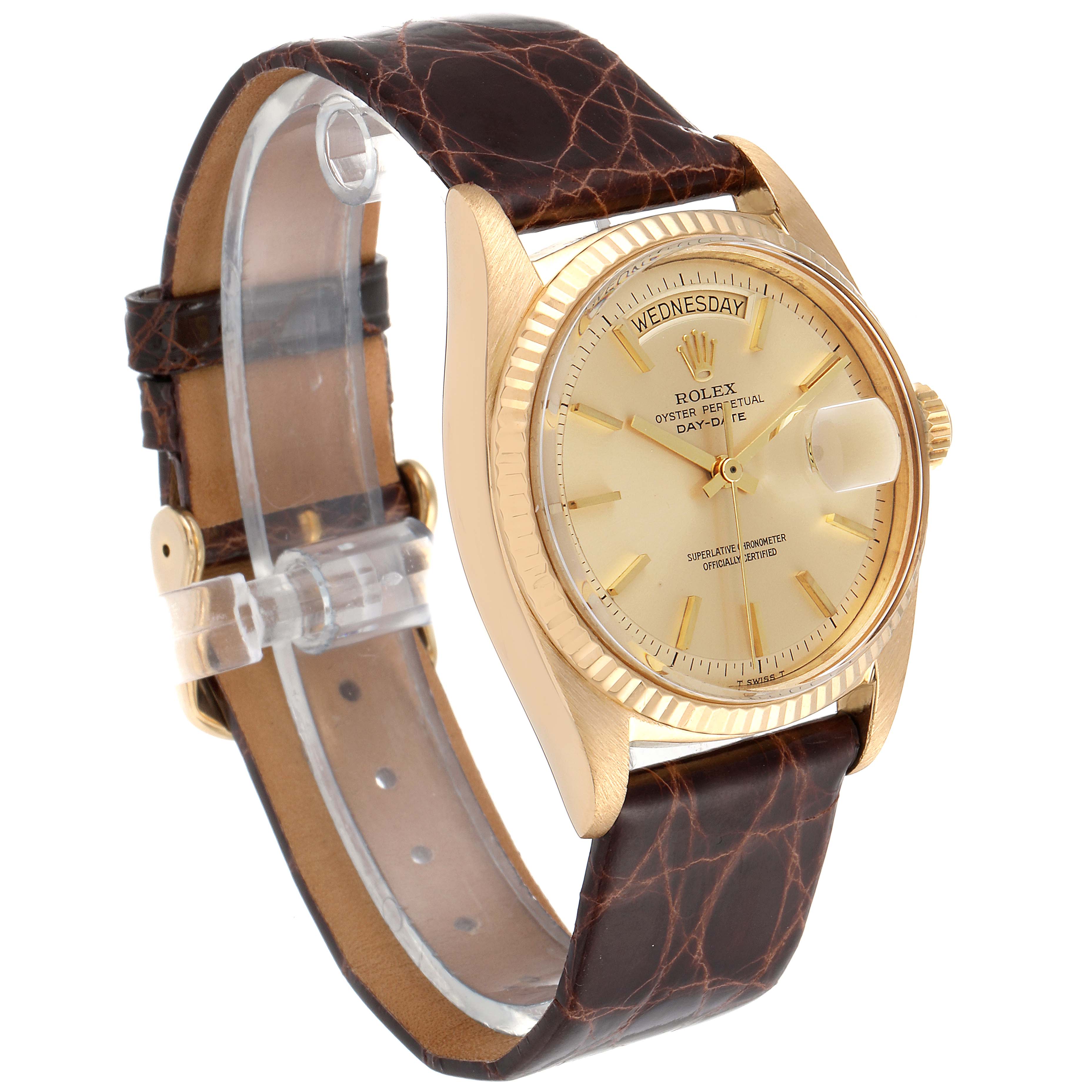 The image shows a Rolex Vintage Collection 1803 Men's Yellow Gold Champagne Dial 1803 Men's Yellow Gold Champagne Dial watch at a three-quarter angle, highlighting the dial, bezel, and leather strap.