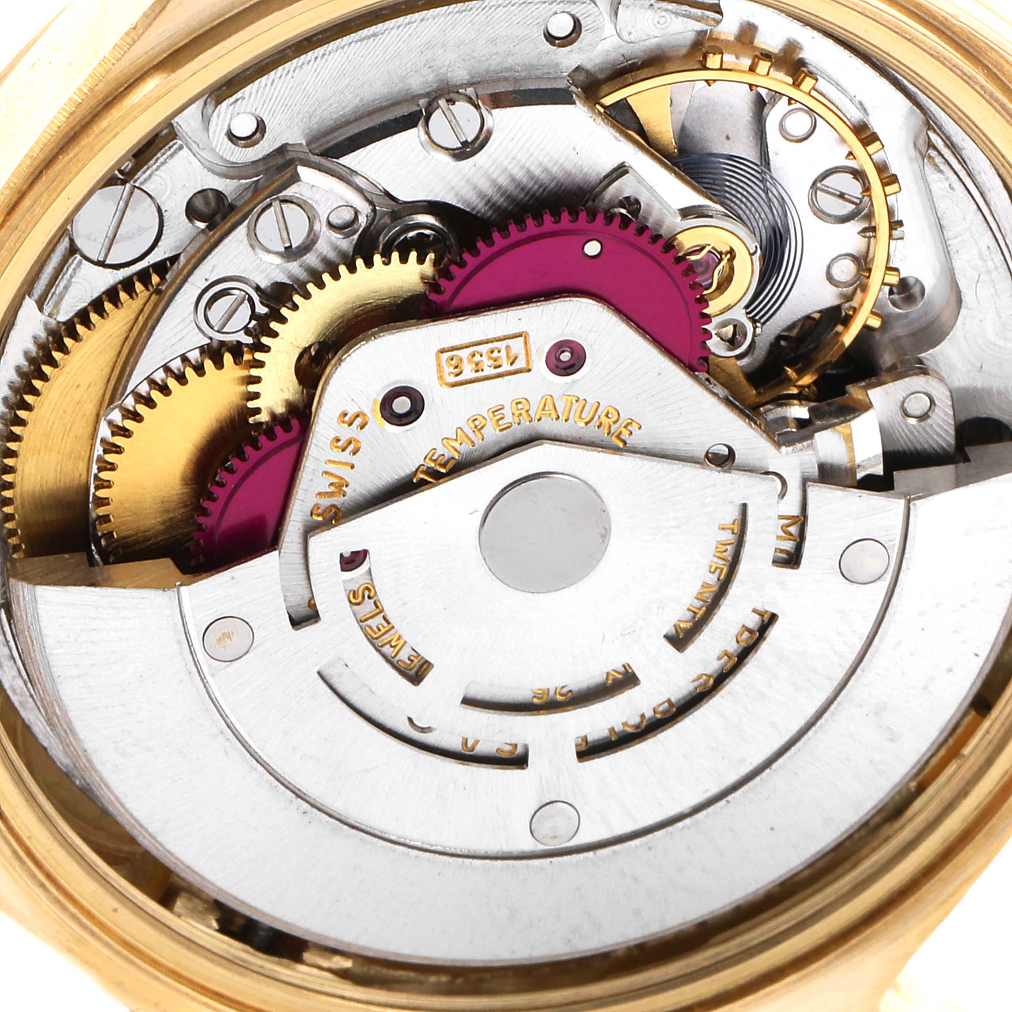 The image shows the intricate internal mechanical components of the Rolex Vintage Collection 1803 Men's Yellow Gold Champagne Dial 1803 Men's Yellow Gold Champagne Dial watch in a close-up angle.