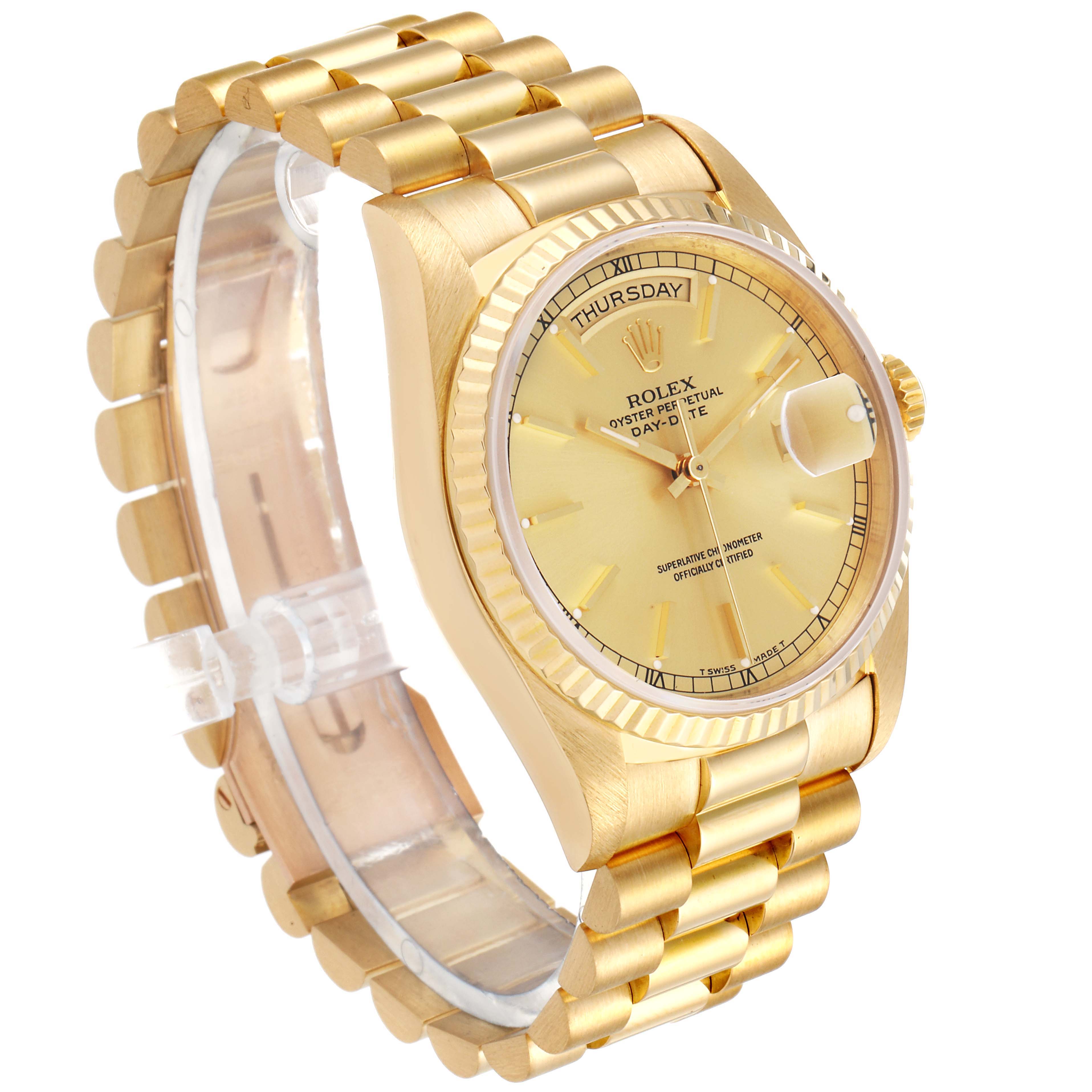 This image shows a side angle of a Rolex President 18238 Men's Yellow Gold Champagne Dial 18238 Men's Yellow Gold Champagne Dial model watch, highlighting the gold bracelet, dial, and case.