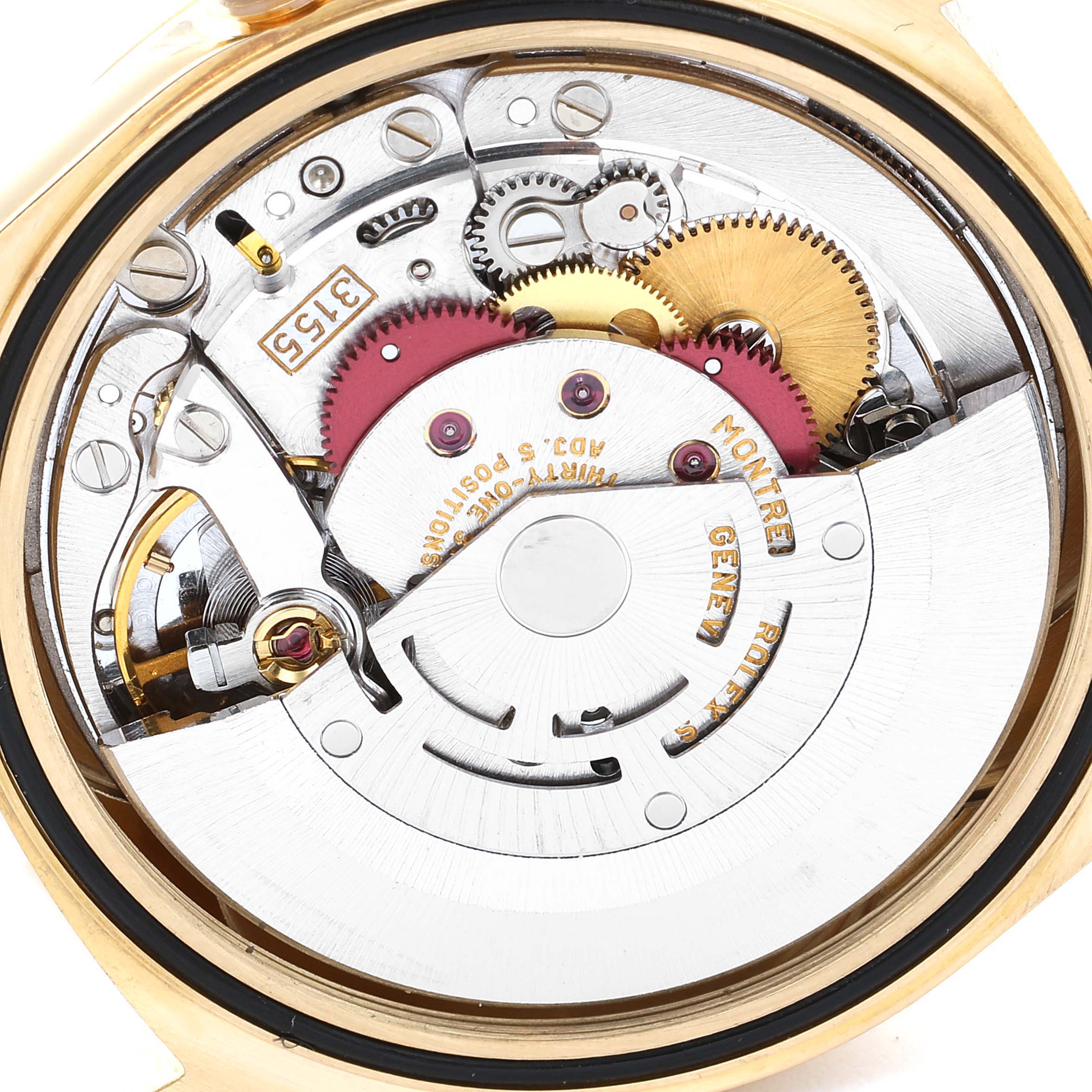 The image shows the internal mechanical movement of the Rolex President 18238 Men's Yellow Gold Champagne Dial 18238 Men's Yellow Gold Champagne Dial model watch from the back view.