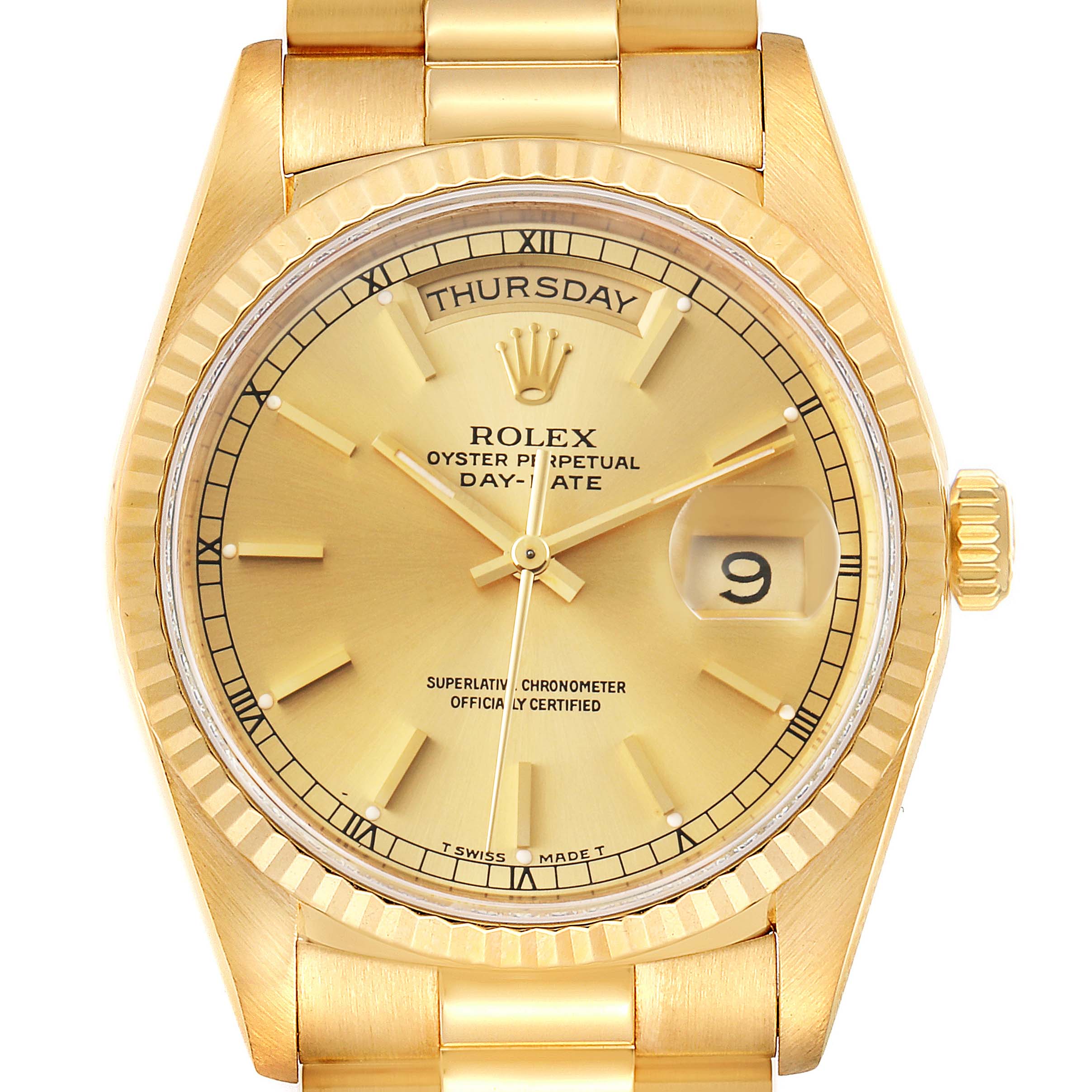 This image shows a front view of the Rolex President 18238 Men's Yellow Gold Champagne Dial 18238 Men's Yellow Gold Champagne Dial Day-Date watch, highlighting the dial, bezel, crown, and part of the bracelet.