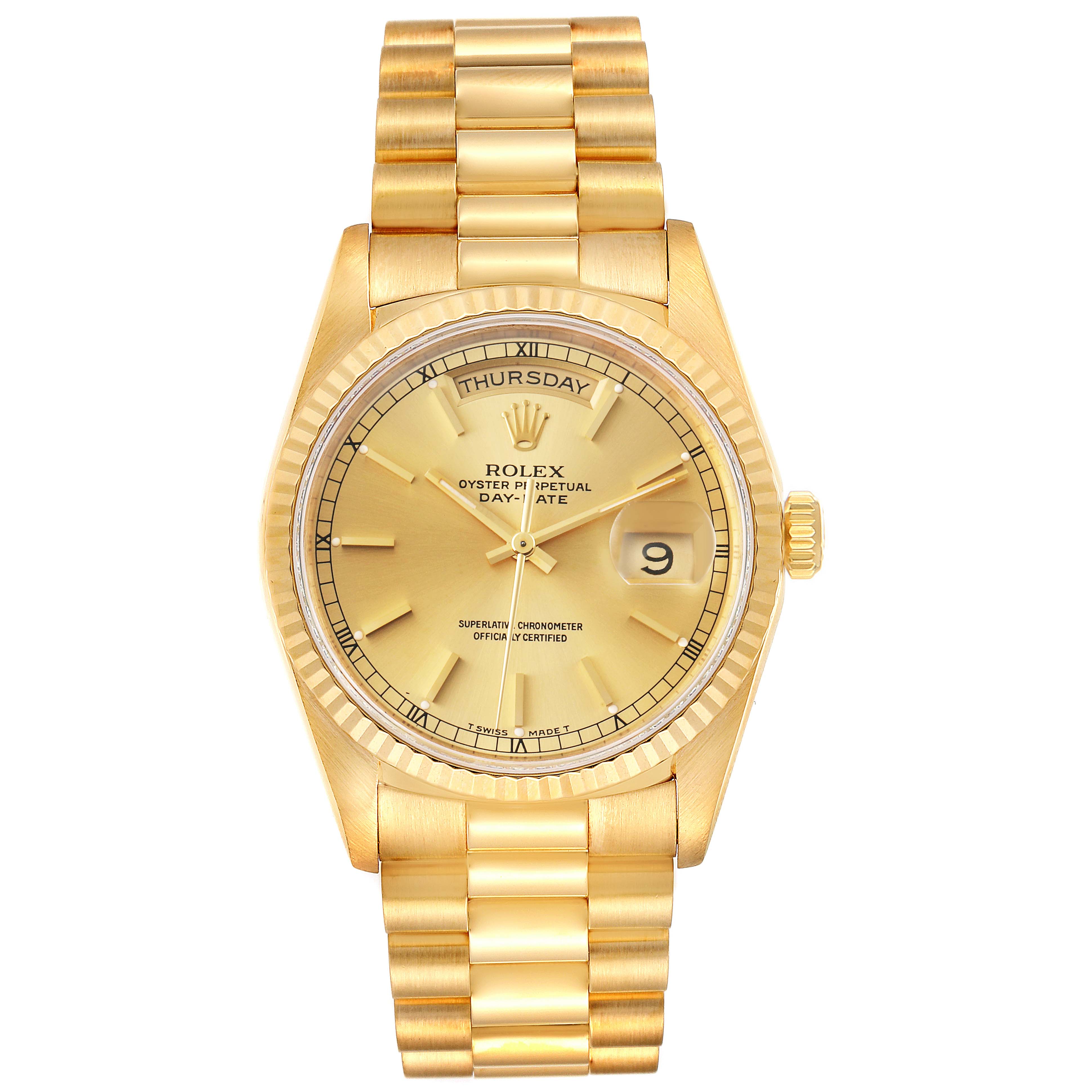 The image shows a front view of a Rolex President 18238 Men's Yellow Gold Champagne Dial 18238 Men's Yellow Gold Champagne Dial model watch, displaying the bracelet, dial, and crown.