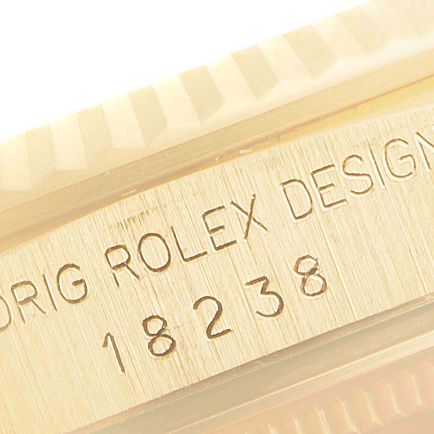 The close-up image shows the engraved model number "18238" on the side of a Rolex President 18238 Men's Yellow Gold Champagne Dial 18238 Men's Yellow Gold Champagne Dial watch case.
