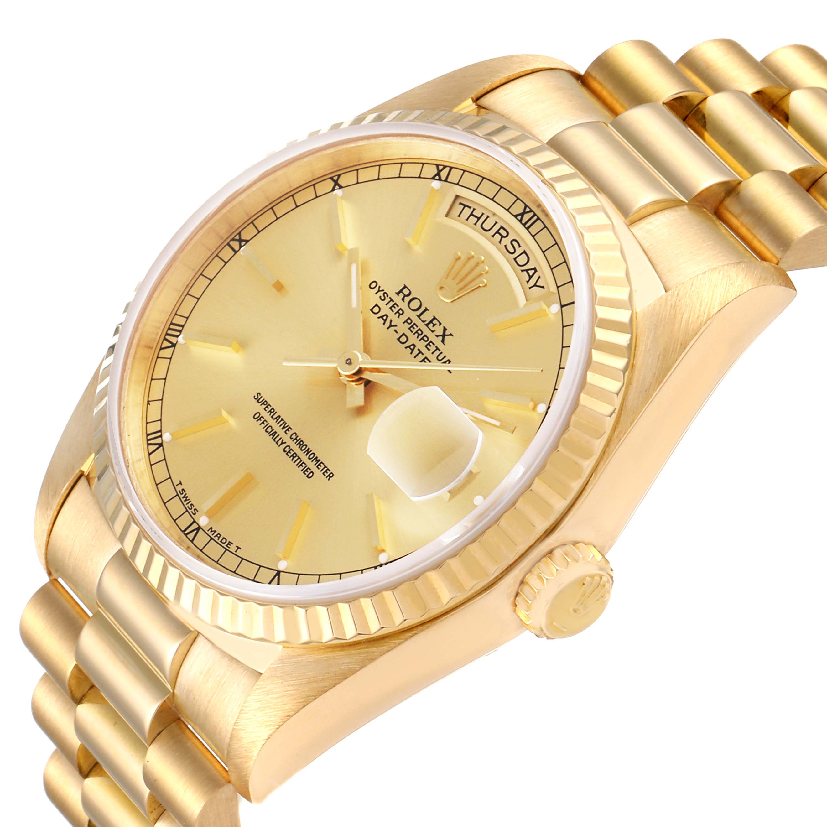 This image shows a Rolex President 18238 Men's Yellow Gold Champagne Dial 18238 Men's Yellow Gold Champagne Dial model watch at a slight front-side angle, showcasing the dial, bezel, and part of the bracelet.
