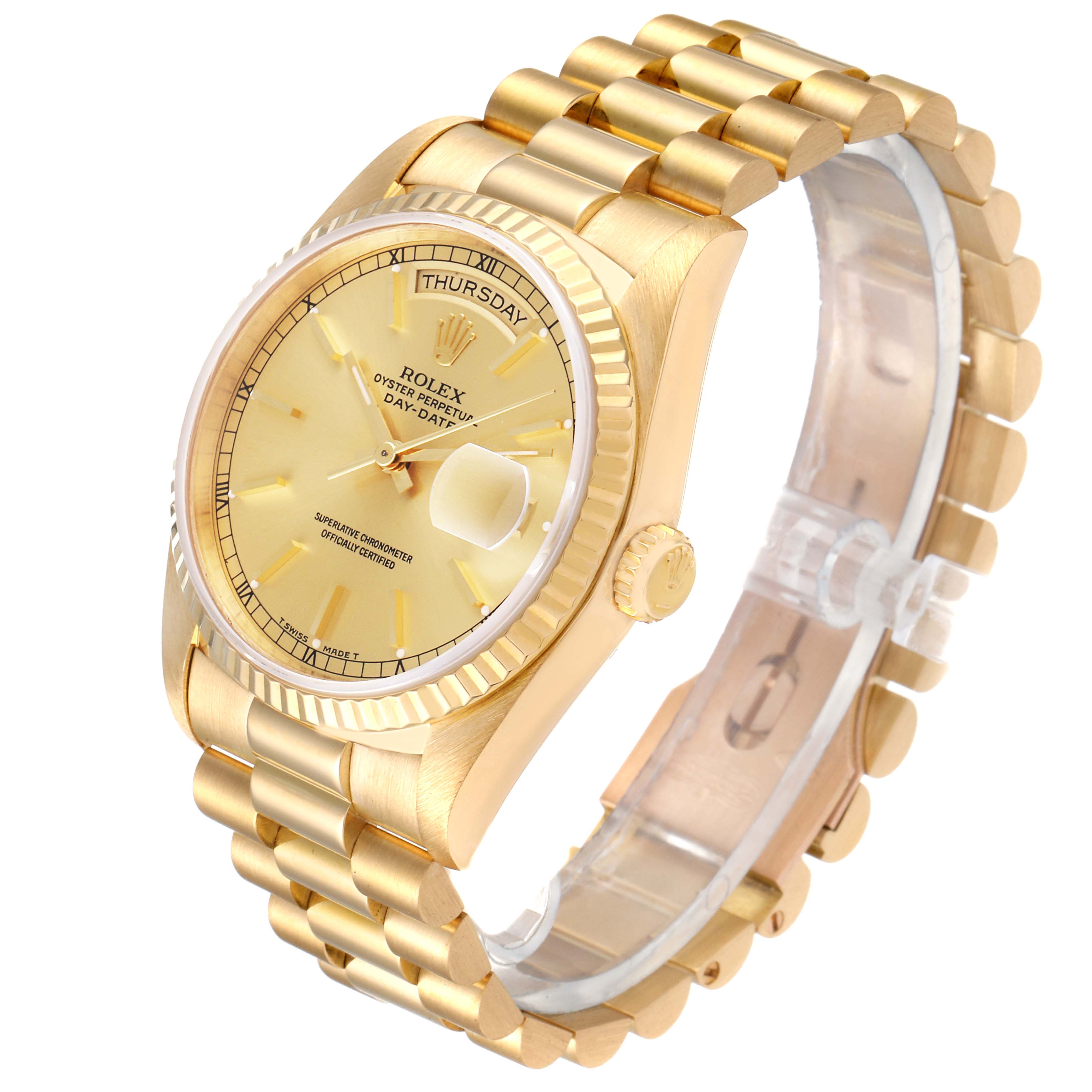 The image shows a Rolex President 18238 Men's Yellow Gold Champagne Dial 18238 Men's Yellow Gold Champagne Dial model watch at a slight angle, highlighting the face, bezel, bracelet, and crown.
