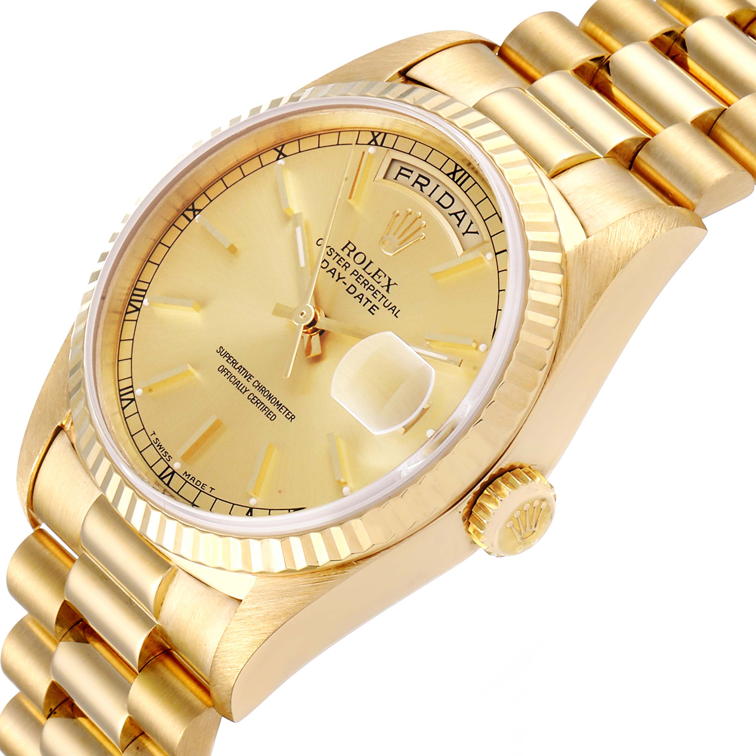 The image shows a close-up, side angle view of the Rolex President 18238 Men's Yellow Gold Champagne Dial 18238 Men's Yellow Gold Champagne Dial watch, highlighting the gold dial, fluted bezel, and day-date display.