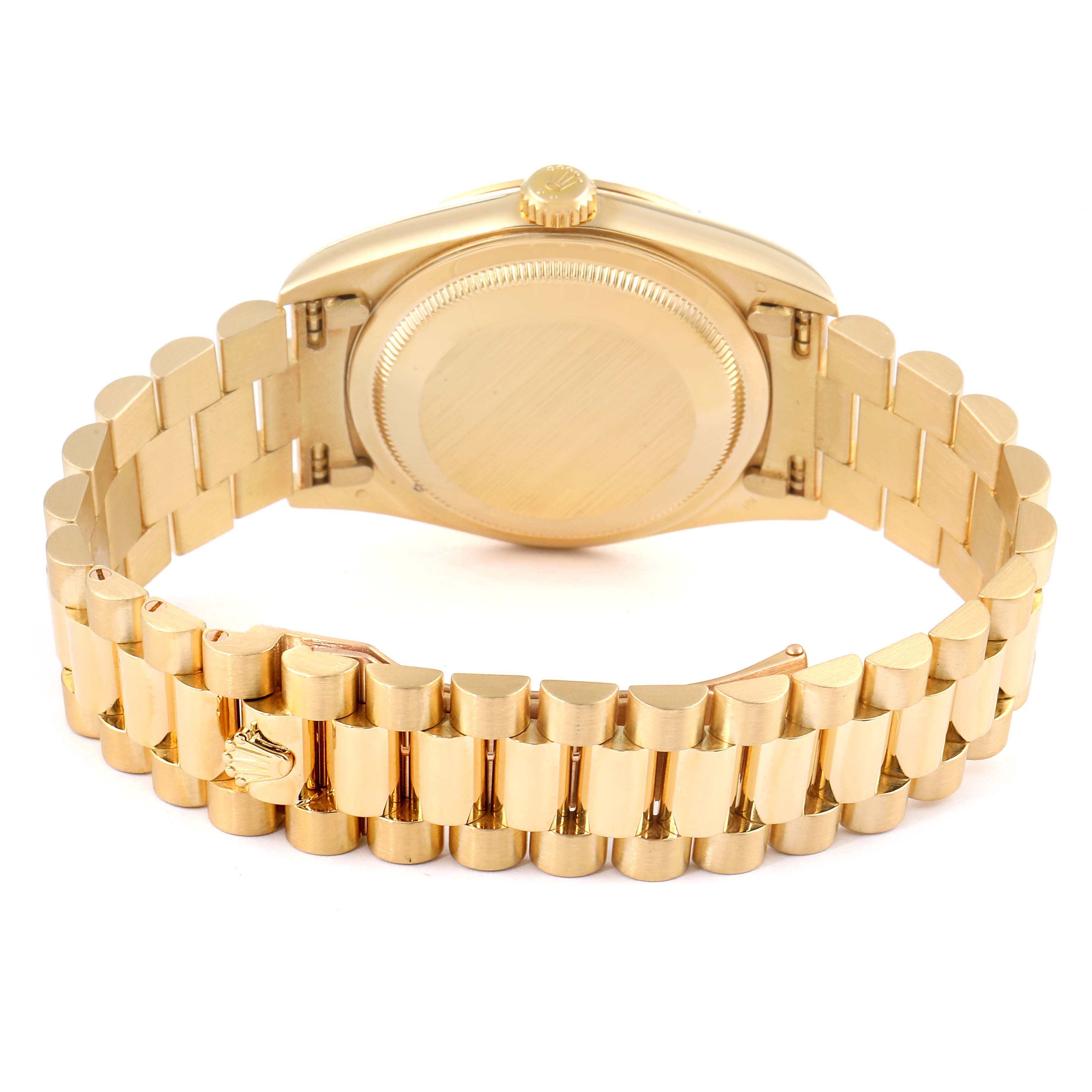 The image shows the back view of a Rolex President 18238 Men's Yellow Gold Champagne Dial 18238 Men's Yellow Gold Champagne Dial model watch, highlighting the case back and the bracelet.