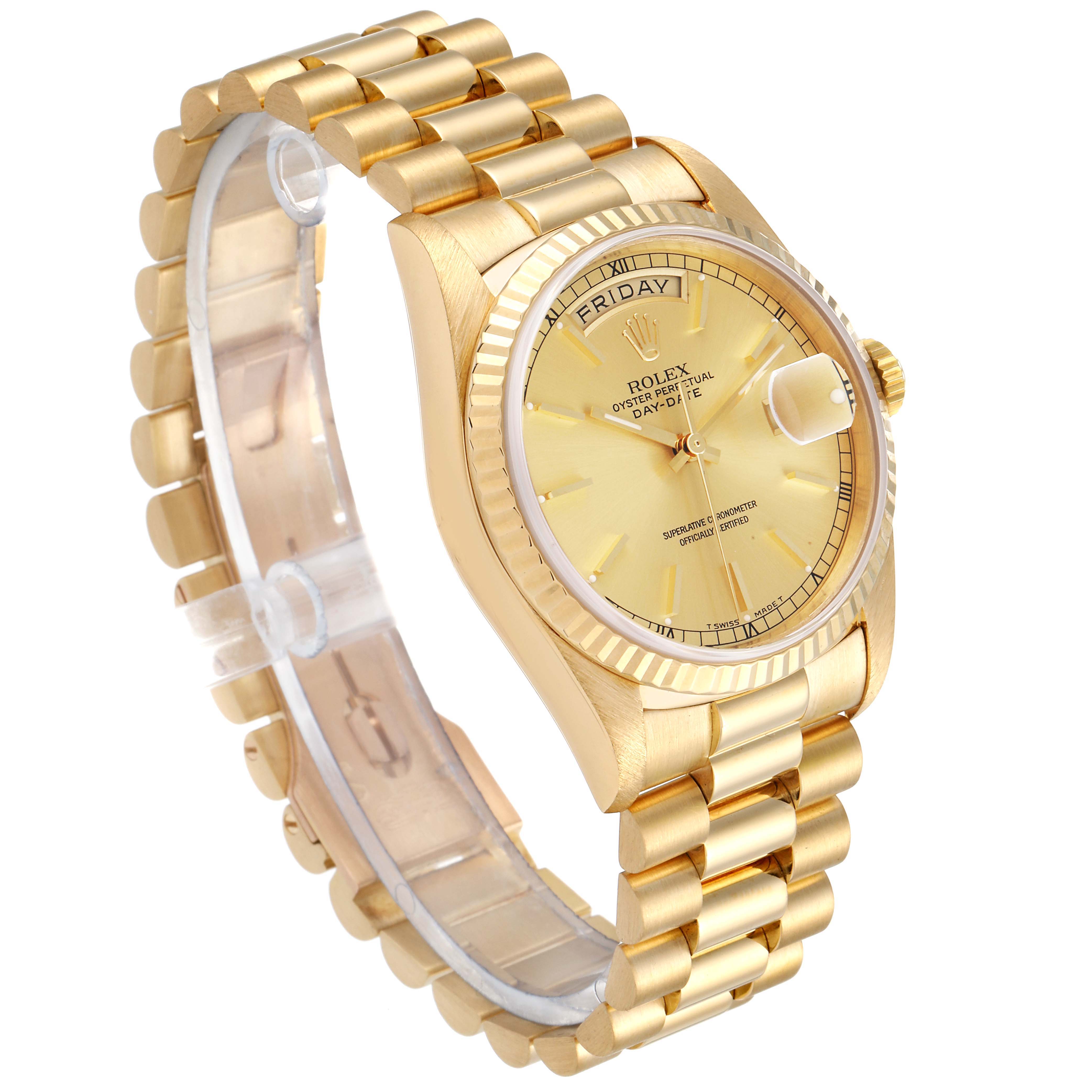 This image shows a side and partial top view of a Rolex President 18238 Men's Yellow Gold Champagne Dial 18238 Men's Yellow Gold Champagne Dial model, highlighting its gold bracelet, case, and dial.