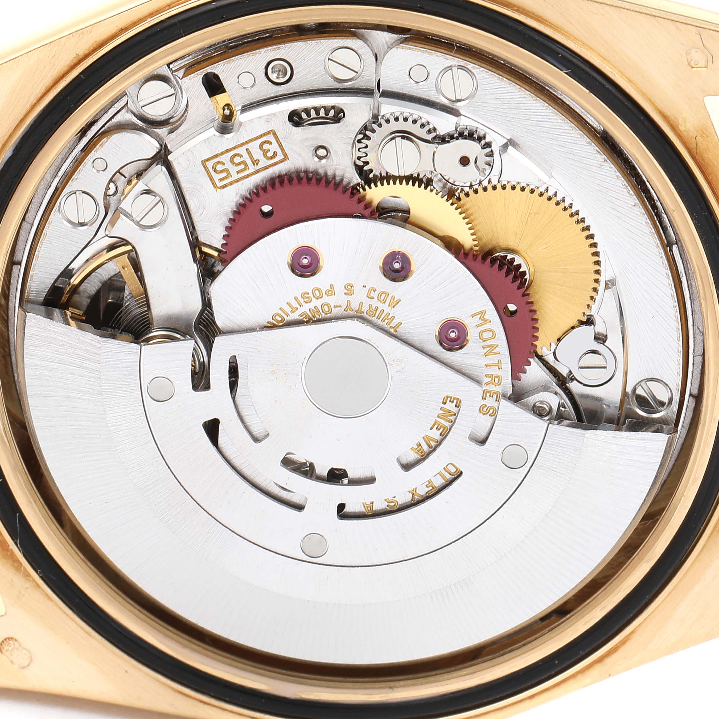 This image shows a close-up view of the internal mechanism of a Rolex President 18238 Men's Yellow Gold Champagne Dial 18238 Men's Yellow Gold Champagne Dial model watch.